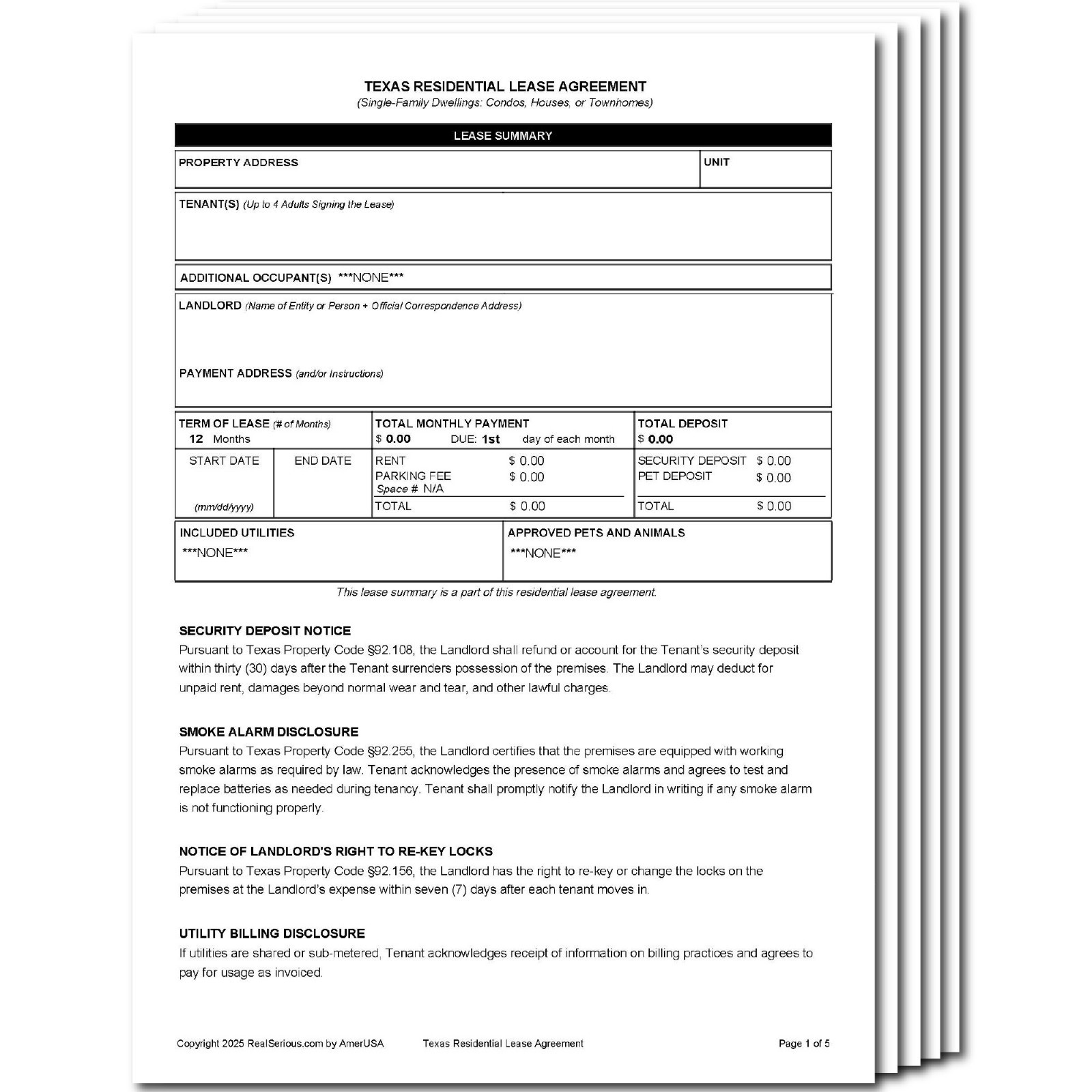 Texas Residential Lease Agreement + Landlord Rental Forms Kit