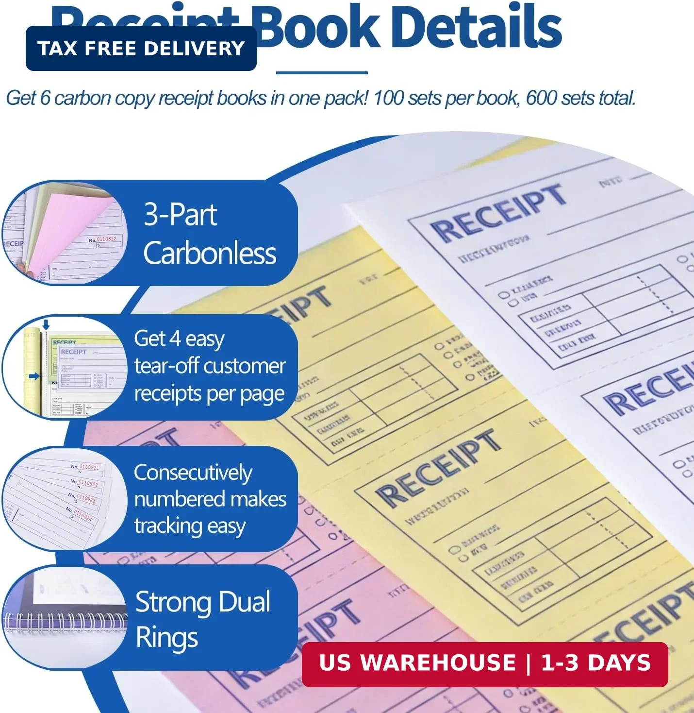 6 Pack Large Money and Rent Receipt Books with Cardboard Insert,7-5/8″ x 10-7/8″