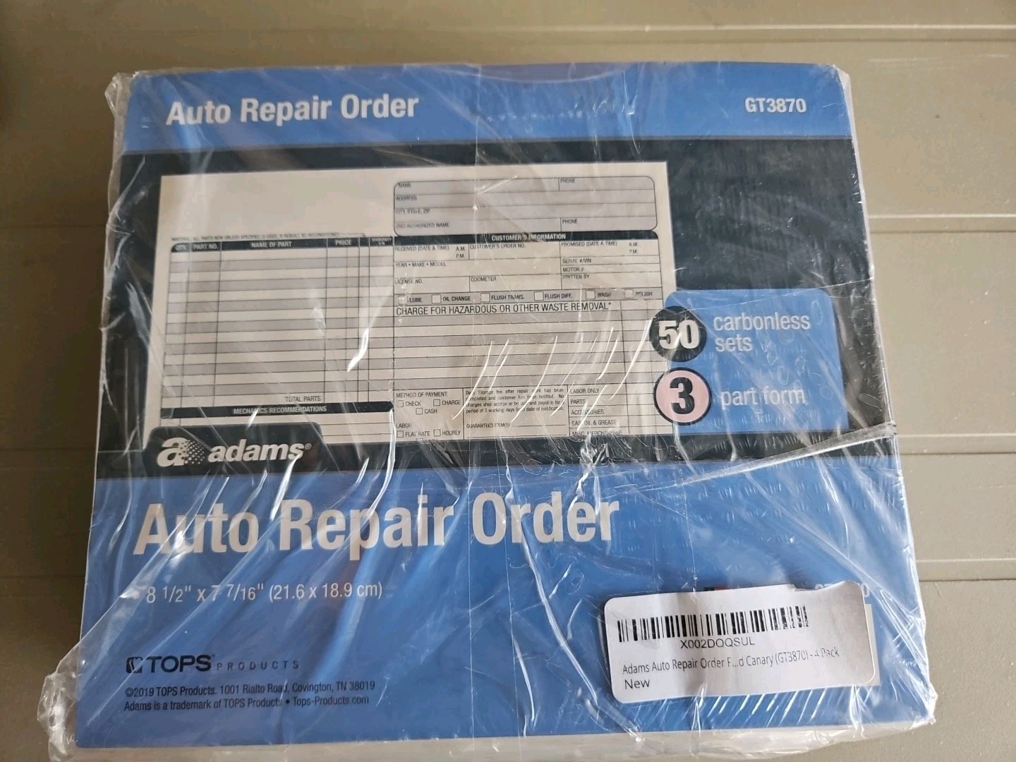 Adams GT3870 8.5 in x 7.44 in Repair Order Form Invoices – 200 Count