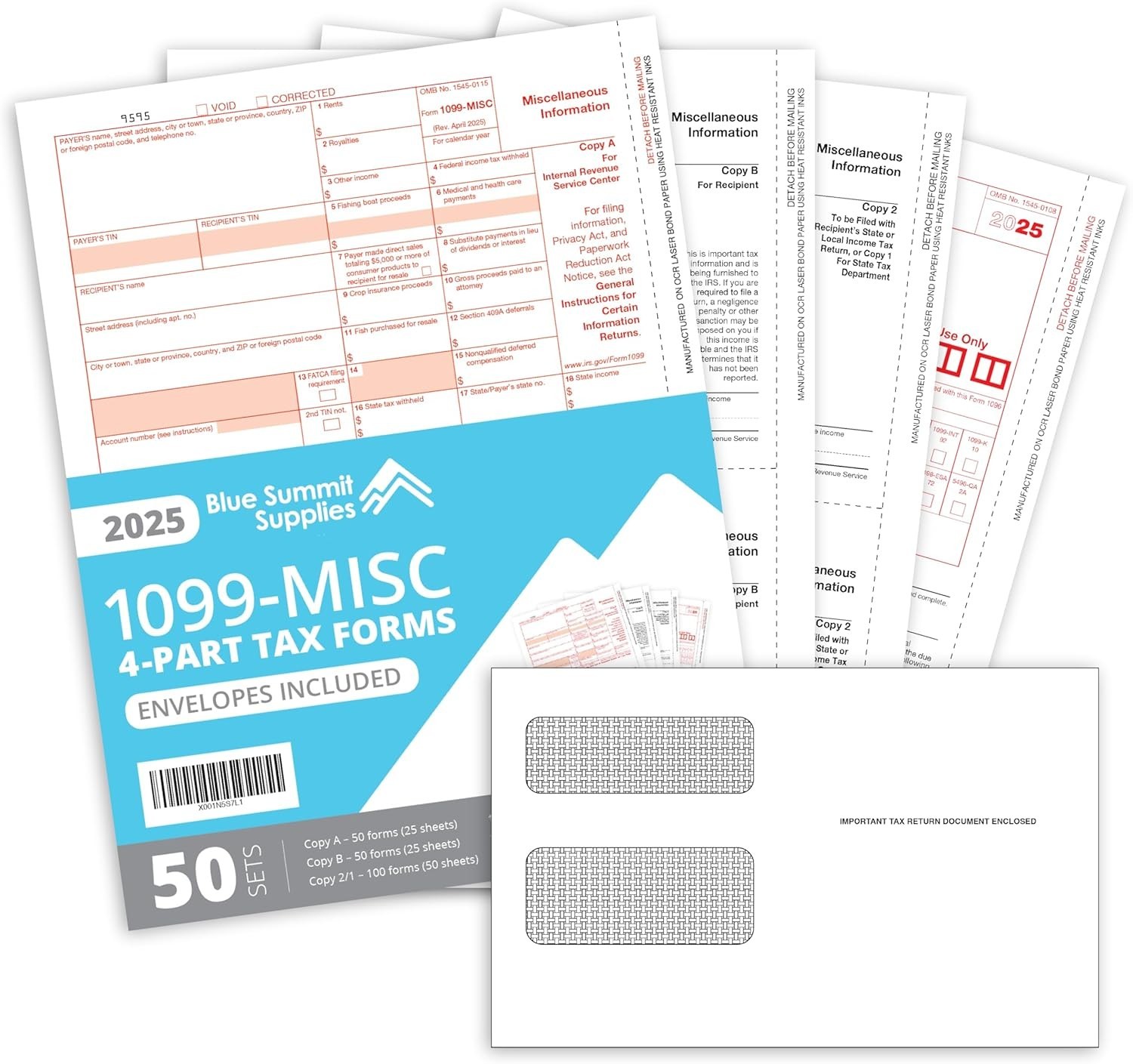 Complete 2025 1099 MISC Tax Forms Kit with Self-Seal Envelopes – 50 Included