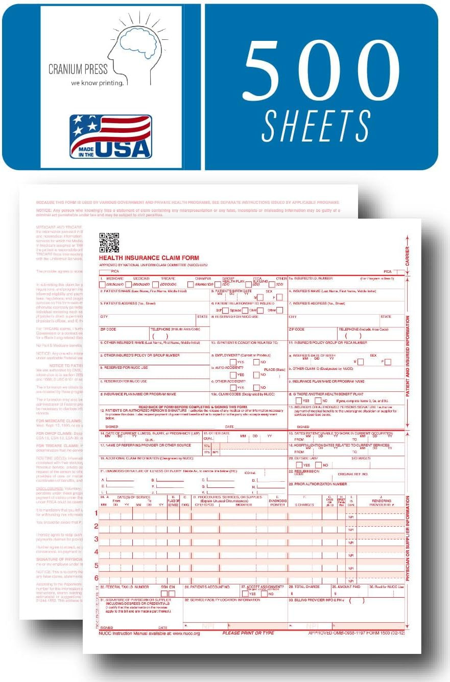 CMS 1500 Claim Forms – 500 Sheets | New Version HCFA 1500 02/2012 Revision | …