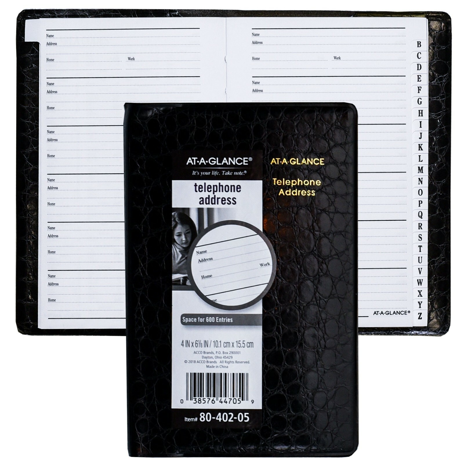 At-A-Glance 80-402 Telephone Address Book 4 x 6-1/8″, Black Faux Crocodile Cover