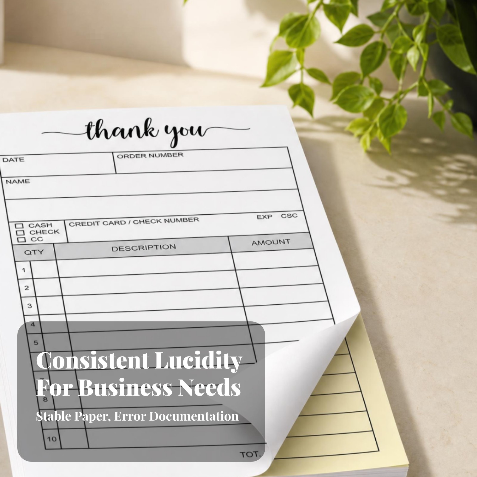 Non-Carbon Receipt Pad White and Yellow Order Form Pad Chipboard Backing