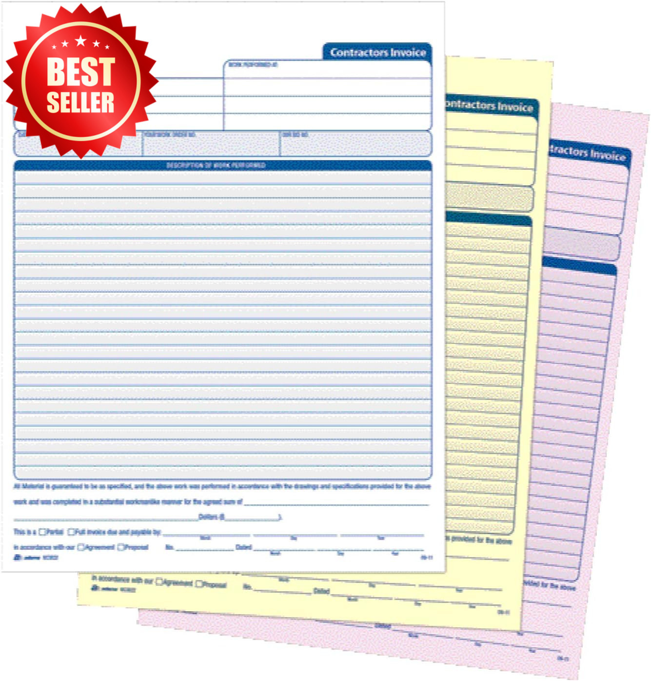100pk Contractor Invoice Forms 3-Part Carbonless 8.5×11.44″ White/Canary/Pink US