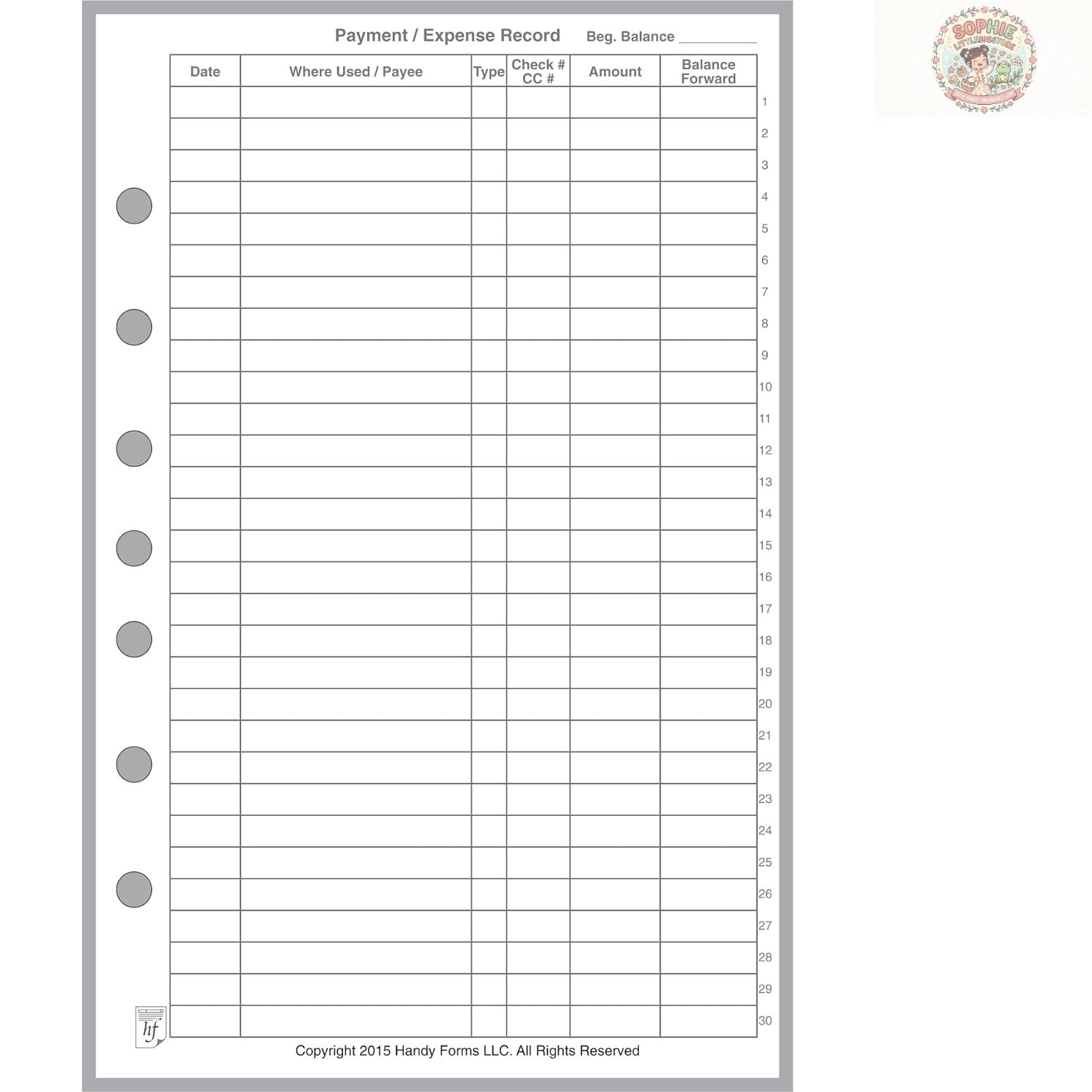 Archival Quality Expense Record – Perfect for 7-Ring Organizers, 5.5″ x 8.5″