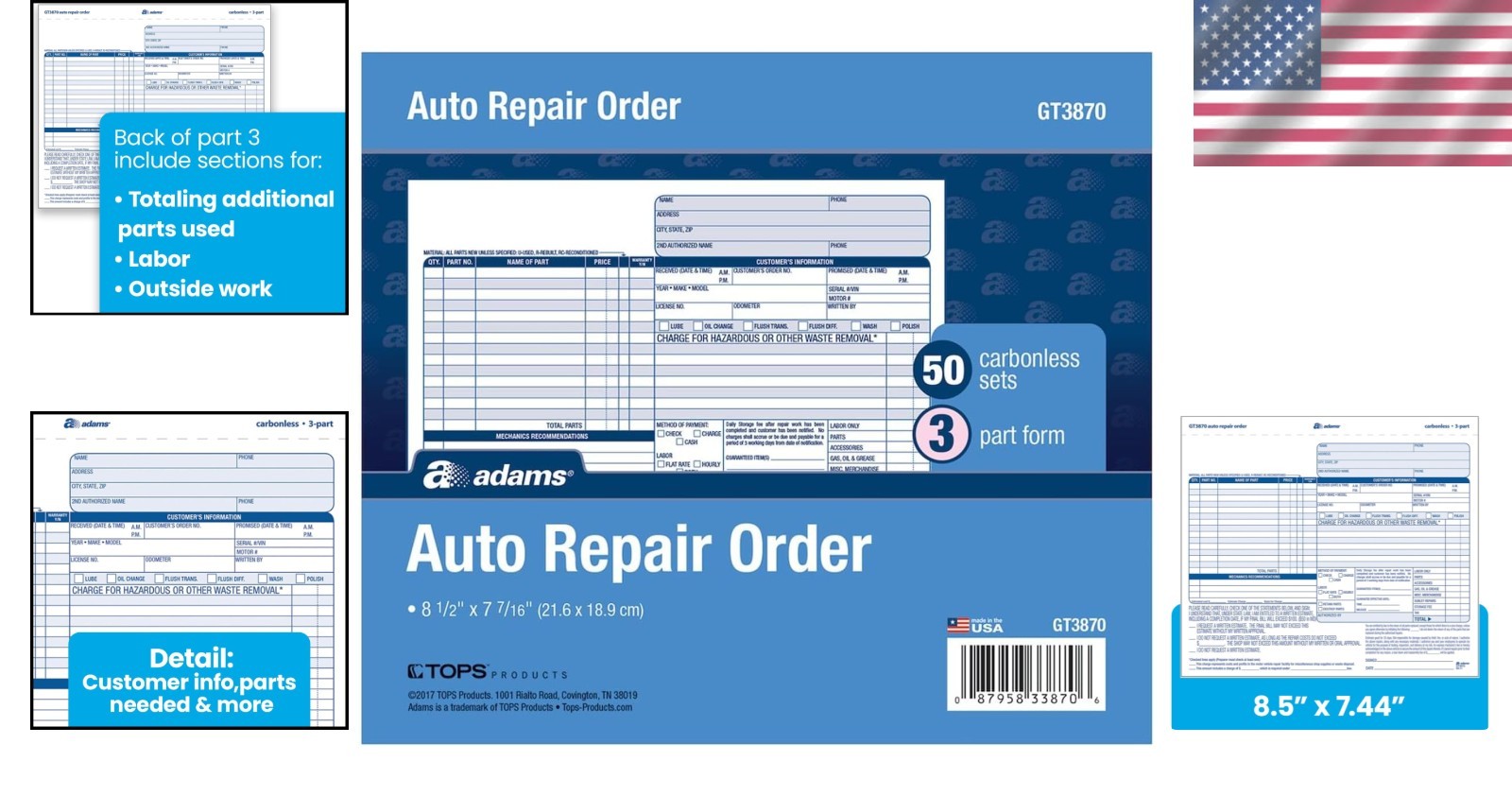 Detailed Auto Repair Order Forms – 50-Pack 3-Part Carbonless, 8.5×7.44