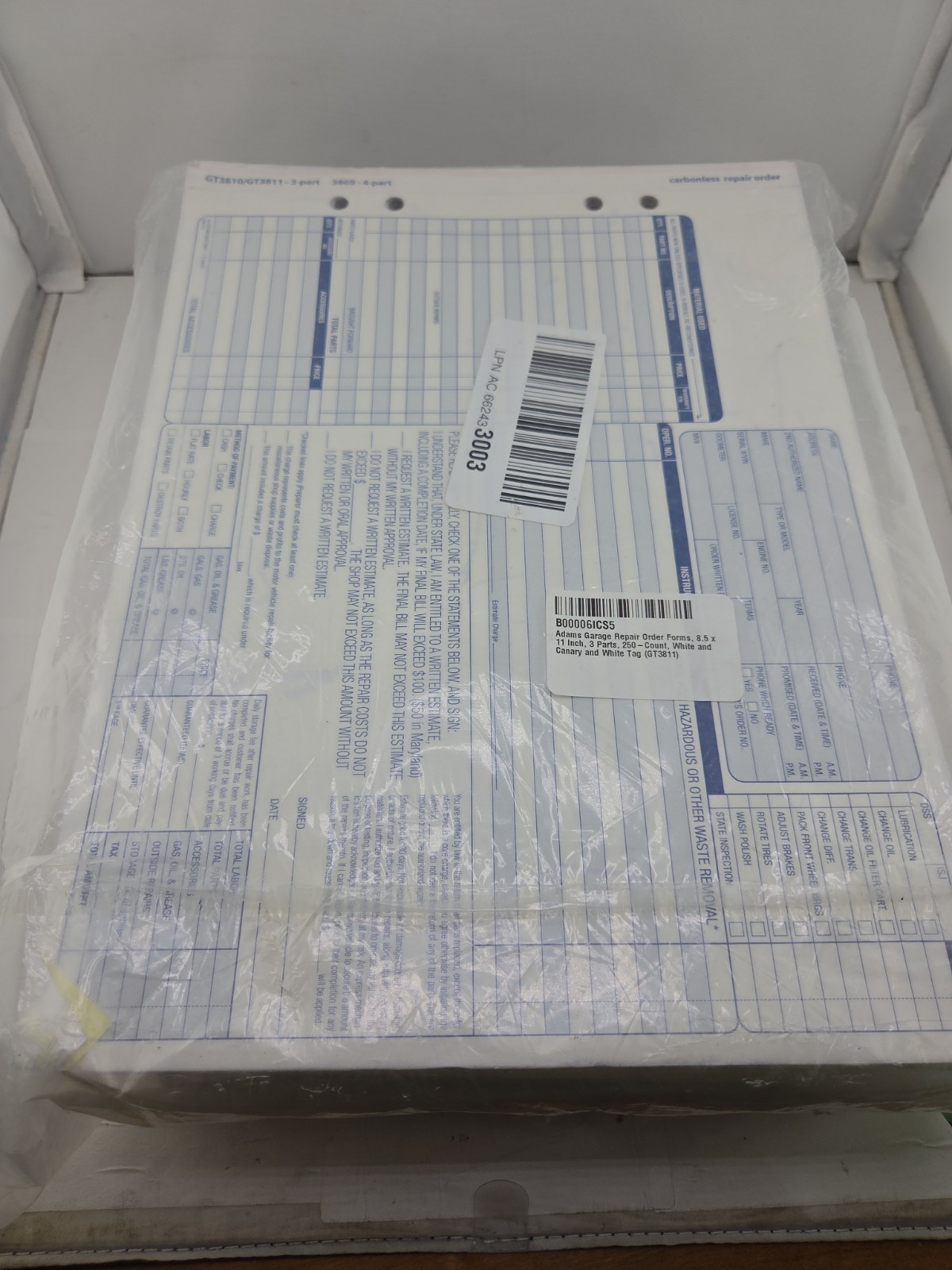 Adams Garage Auto Repair Order Forms 8.5 X 11 Inch 3 Parts 250 Count Carbonless