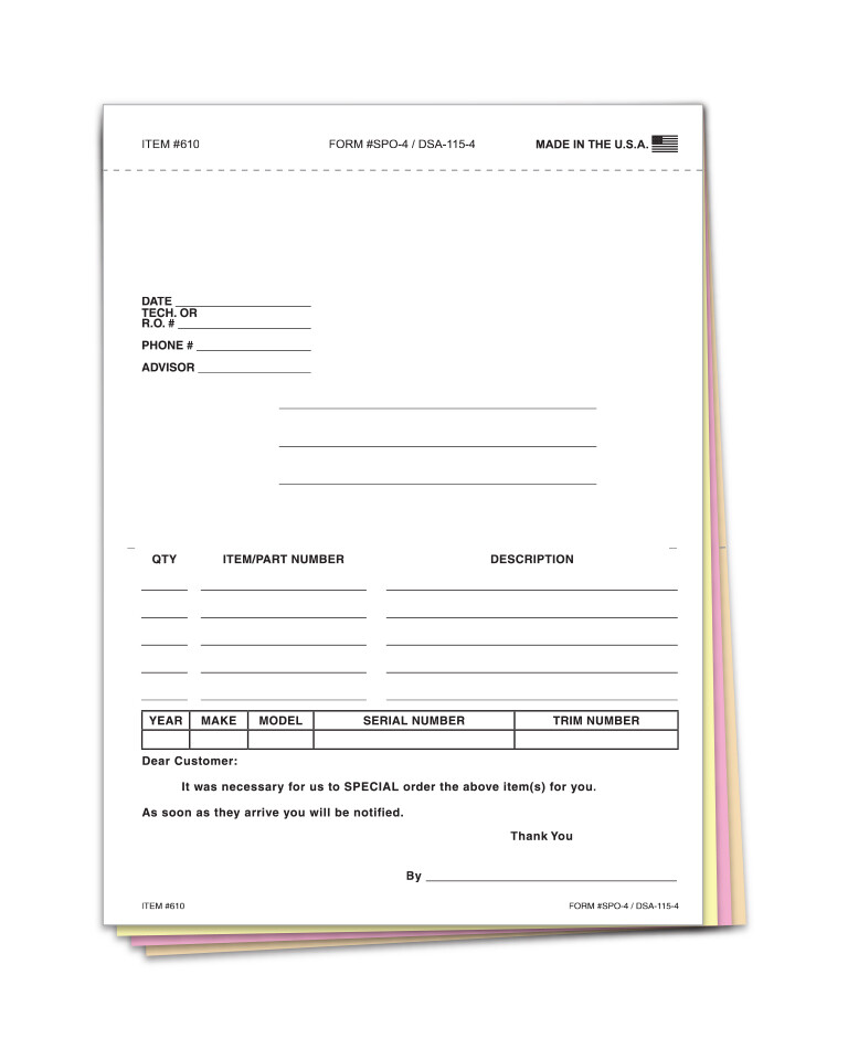 SPECIAL PARTS ORDER FORM 4 PART CARBONLESS FORM #SPO-4 / DSA-115-4 100 PACK