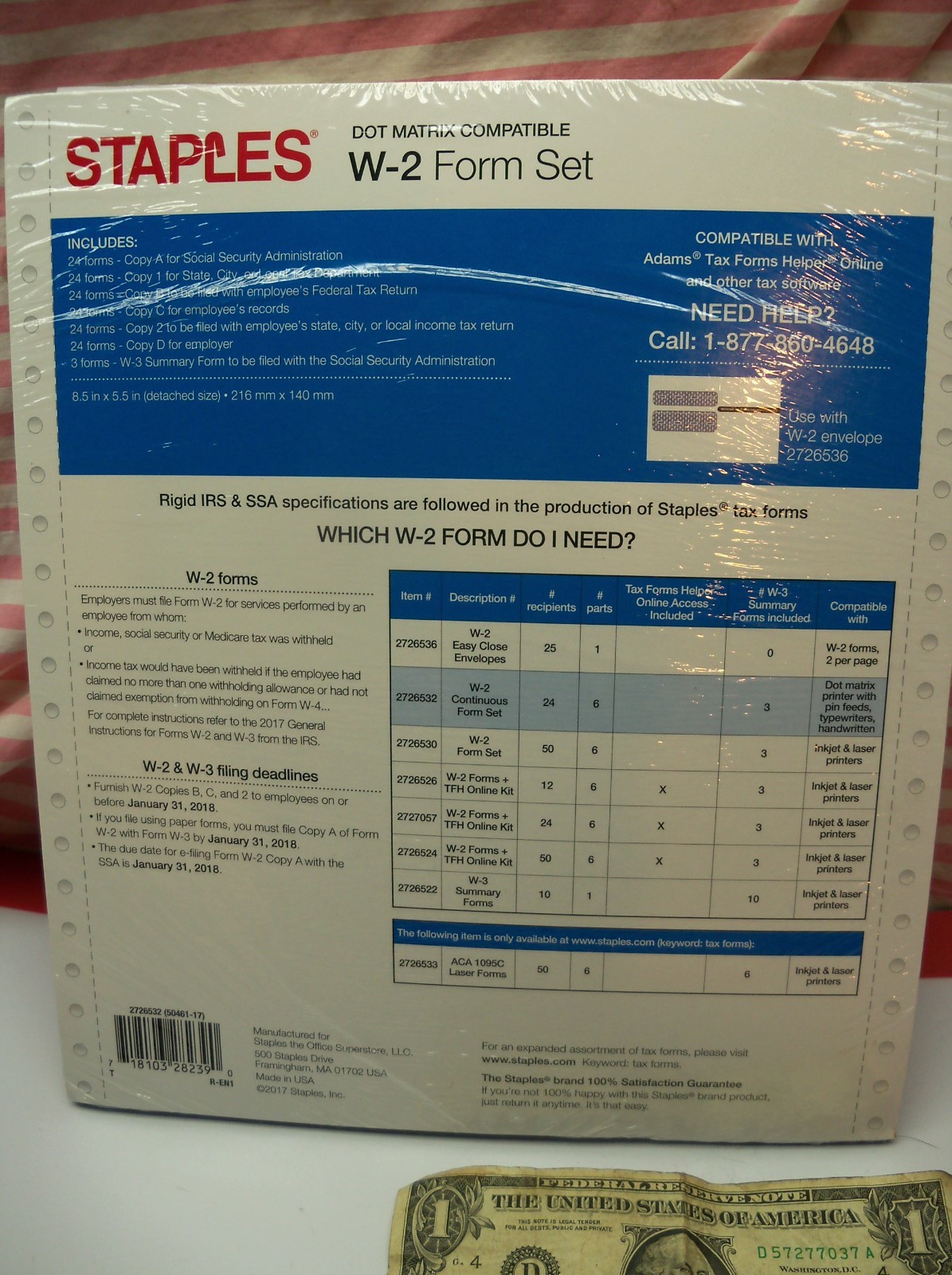 24 Count Pack of Staples Dot Matrix 2017 IRS Tax W-2 6-Part Form Sets USA W2