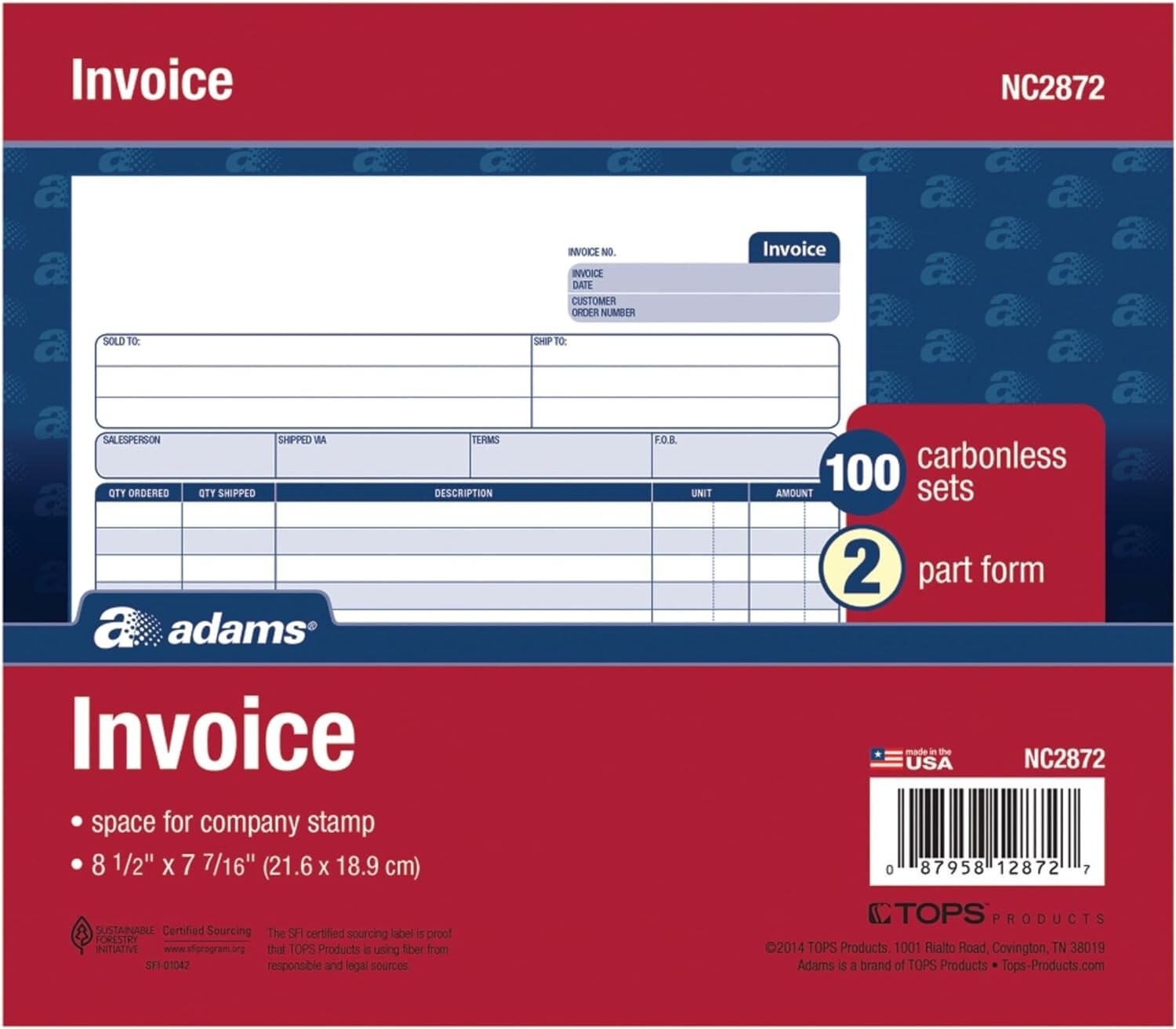 Invoice Book, 2-Part Carbonless, 8-1/2″ x 7-7/16″, 50 Sets per Book (NC2872)