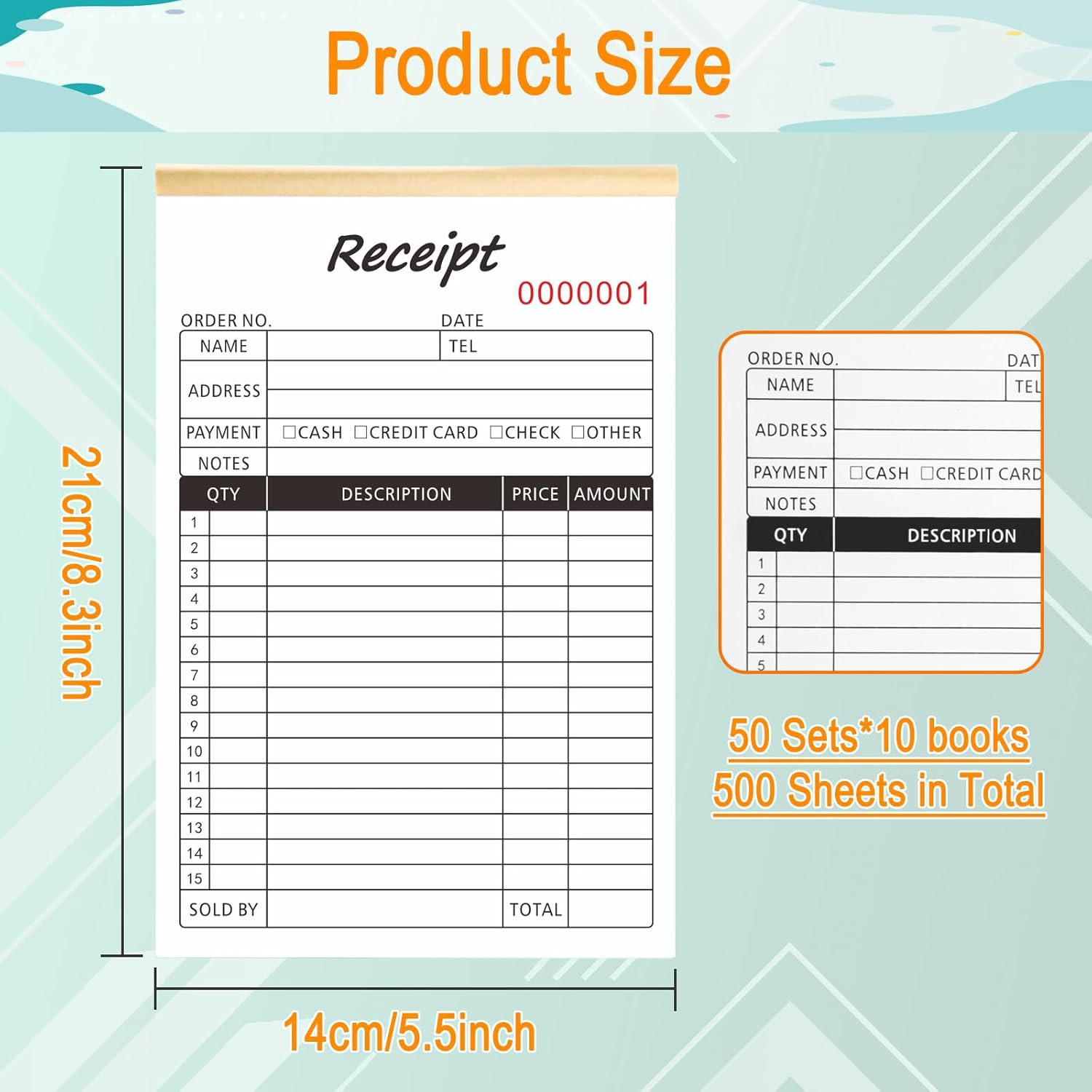 10 Pack Receipt Book, 2-Part Carbonless Sales Invoice Book with Cardboard Copies