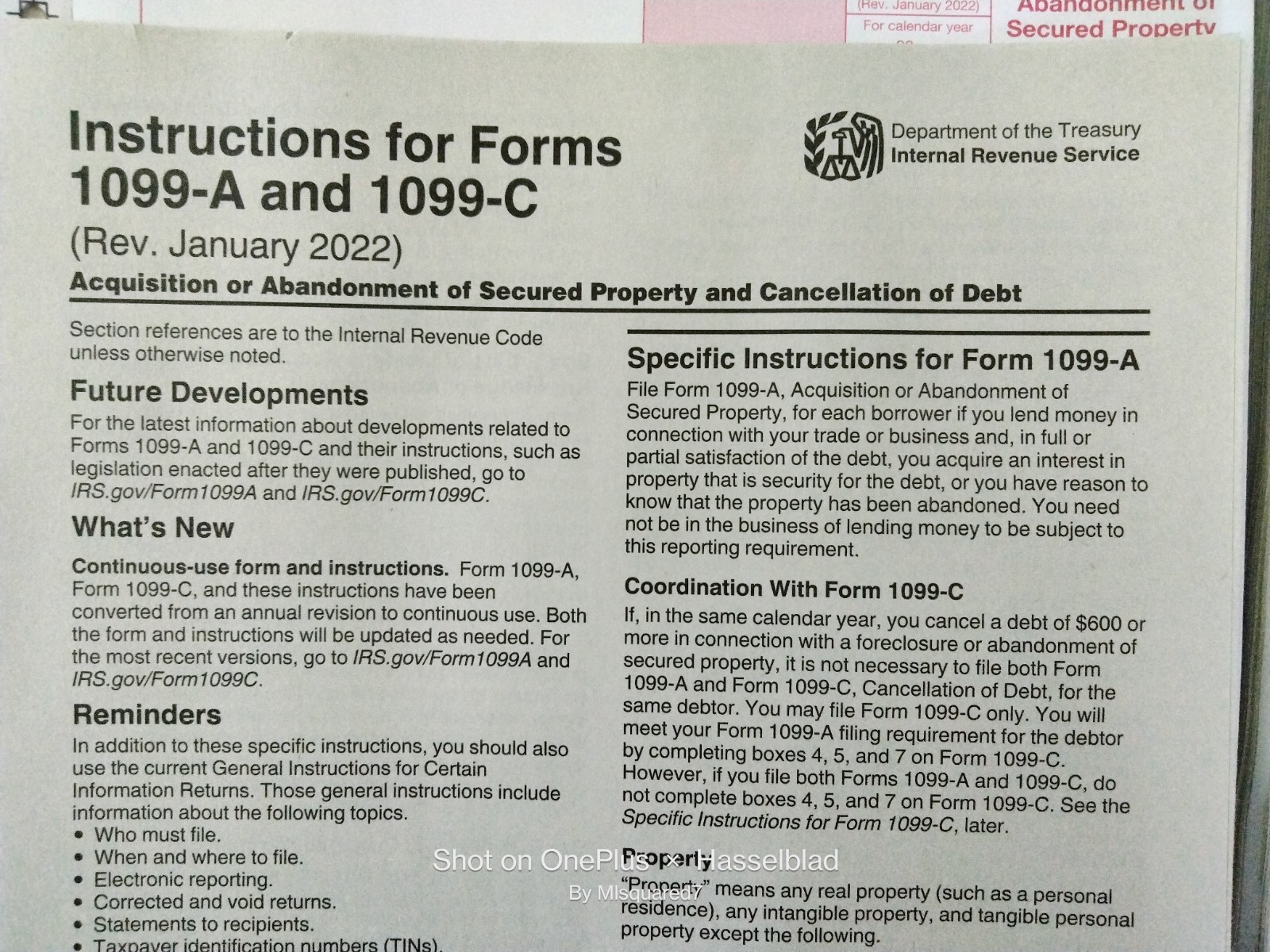 5 SHEETS 1099-A Acquisition/Abandon of Sec Prop & 1096 Transmittal Forms