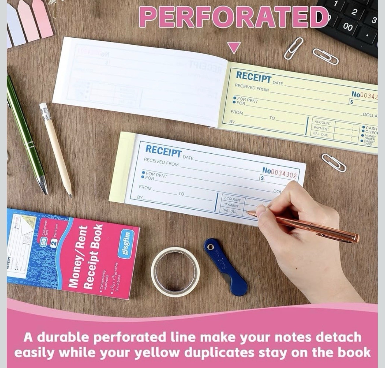 4 Pads Receipt Book with Carbon Copies Money and Rent Receipt Book 2 Part Carbon