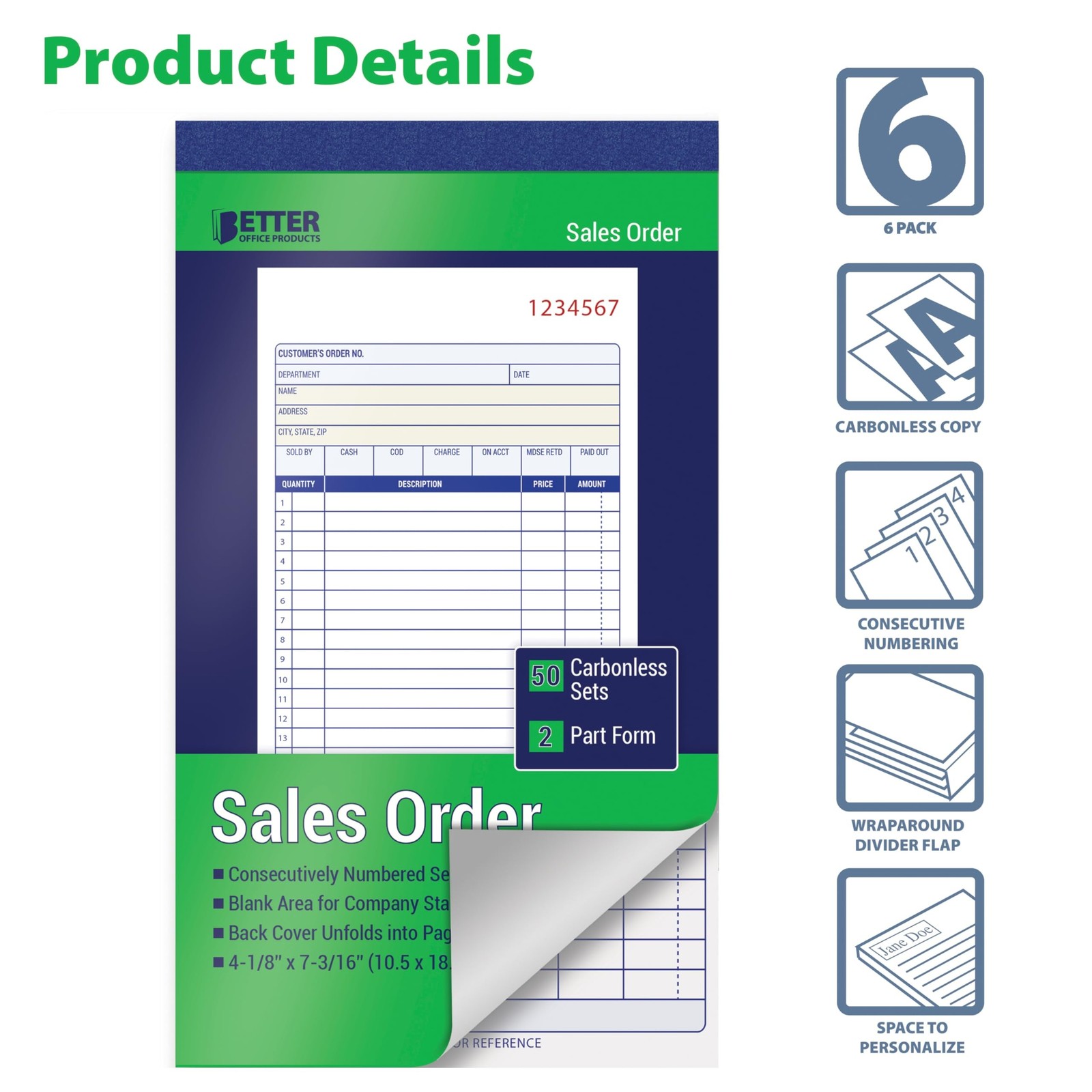 Better Office Products Sales Order Books, 6 Pack, 2-Part Carbonless (White/Ca…