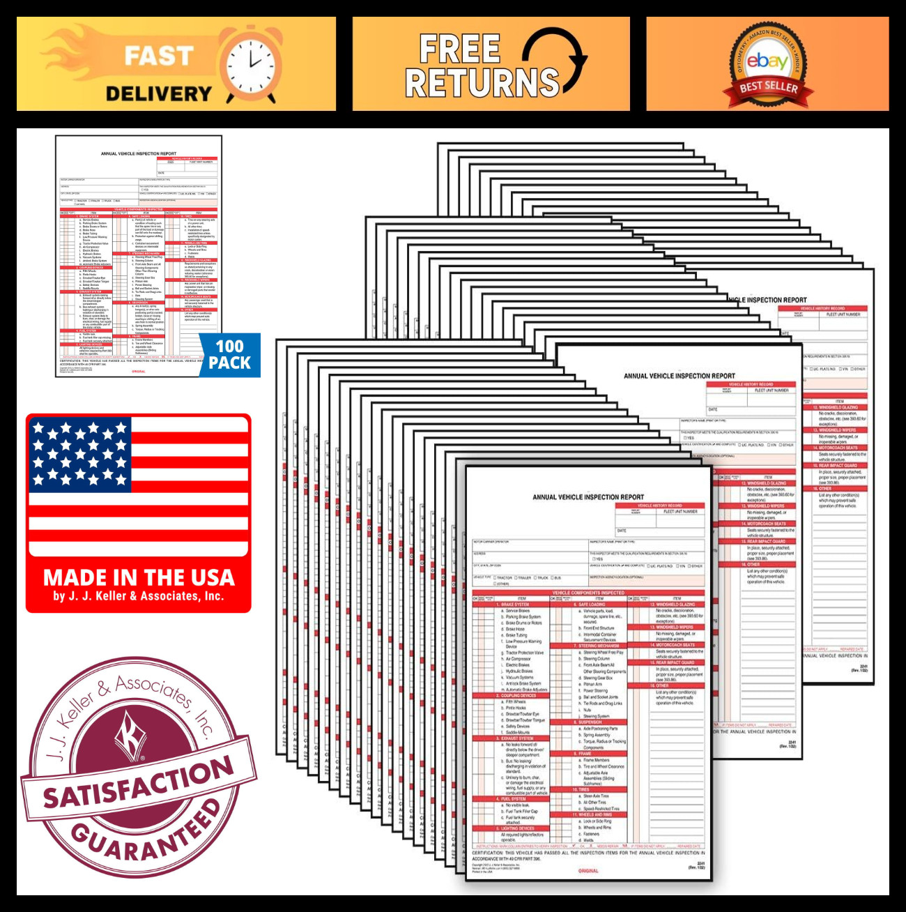 100-Pack Annual Vehicle Inspection Report Forms, Carbon 3-Ply Snap-Out, DOT Comp