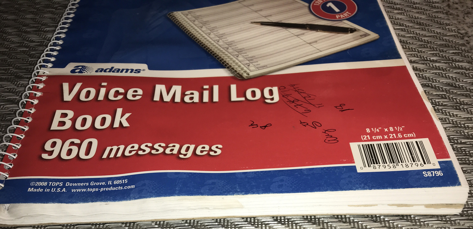 Adams Voice Mail Log Book 960 Messages 8 1/4” X 8 1/2” #S8796