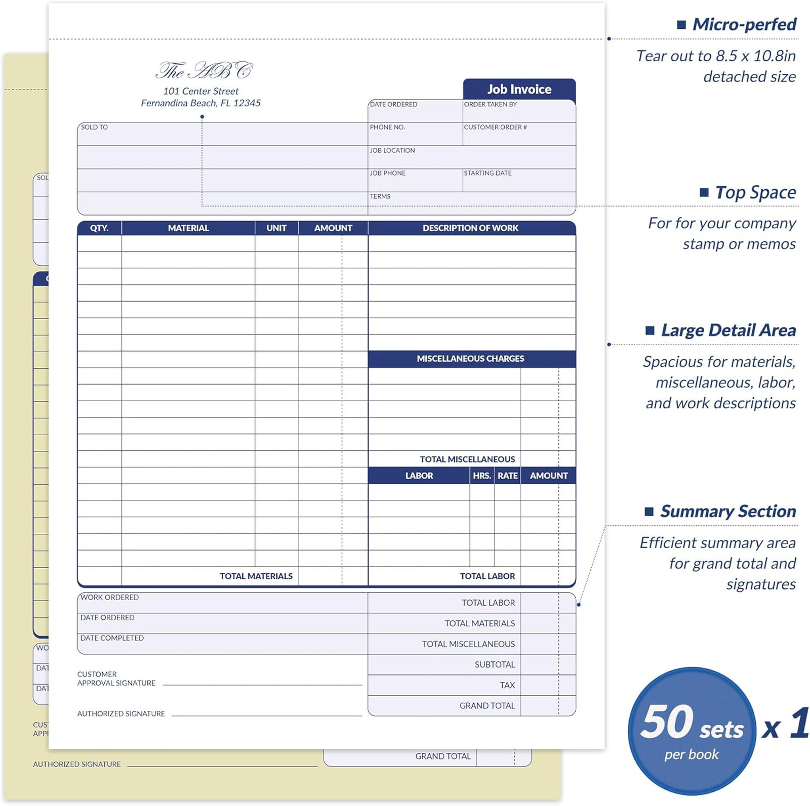 Job Work Order Forms Large Size Contractor Invoice Book 8.5 x 11 7/16 2-Part