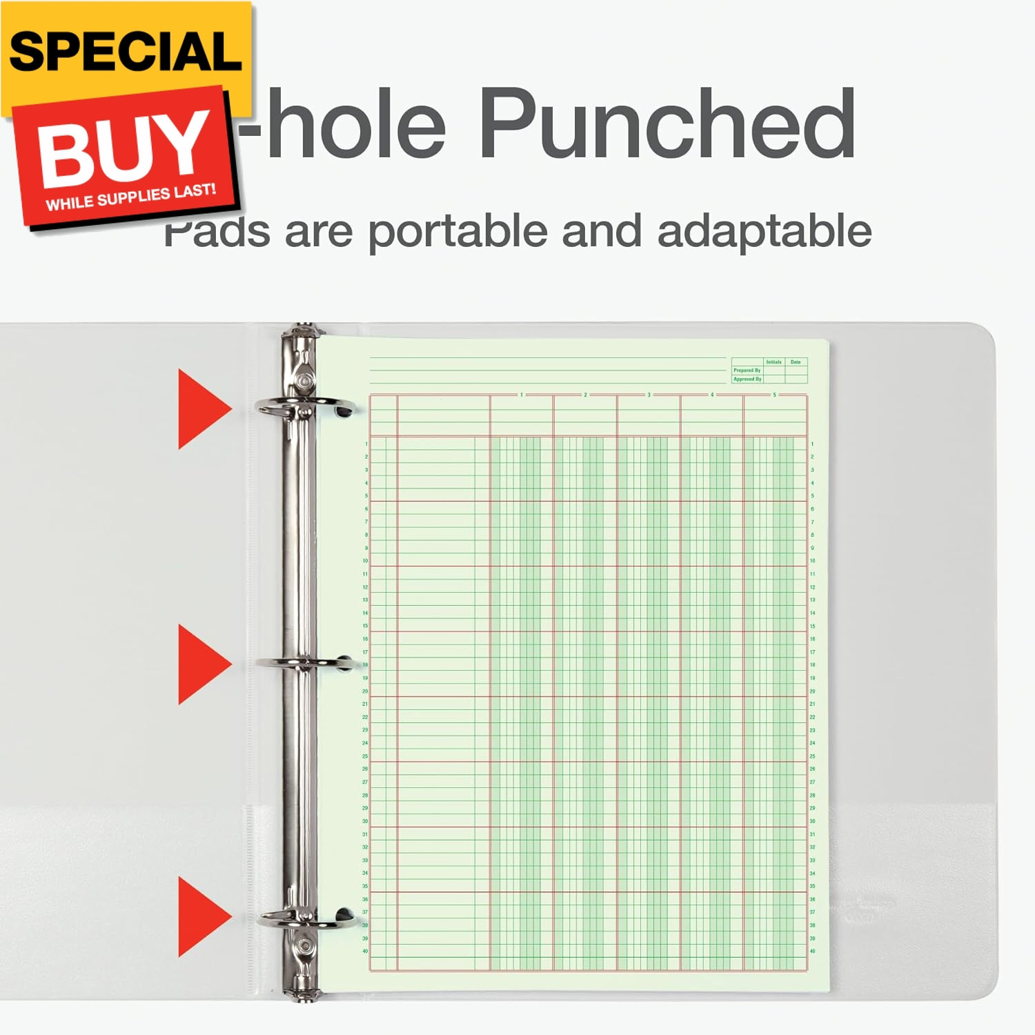 Columnar Analysis Pad, 5 Column Ledger, 8.5″ x 11″, 100 Pages (50 Sheets), Green