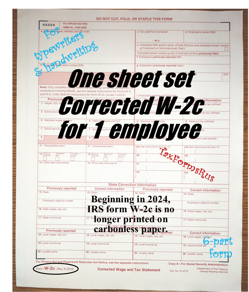 IRS Tax Form W-2c Corrected Wage/Tax Stmt single sheet set 1 employee, NON-cbnls