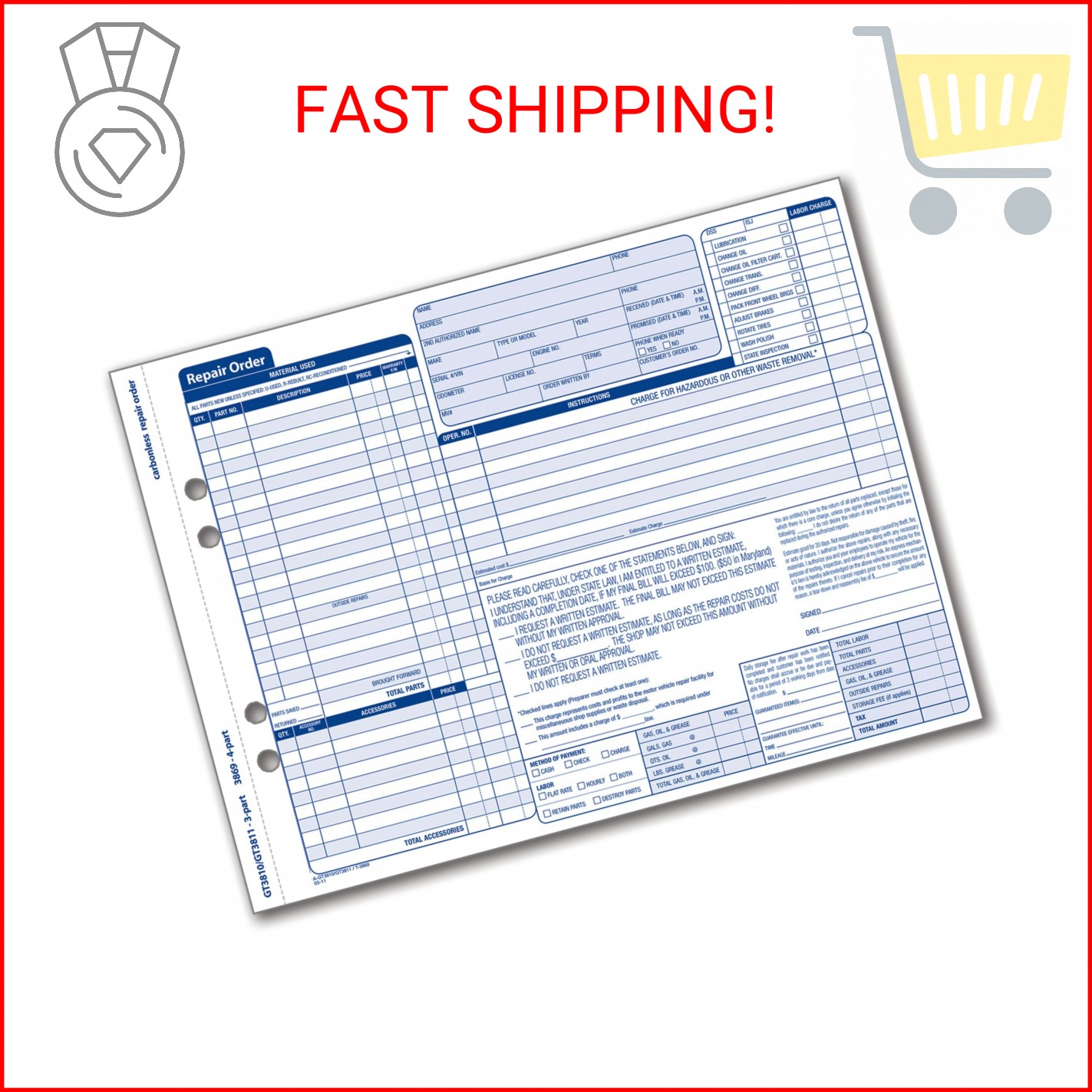 Adams Garage Repair Order Forms, 8.5 x 11.44 Inches, 3 Part, 50 Sets, White and