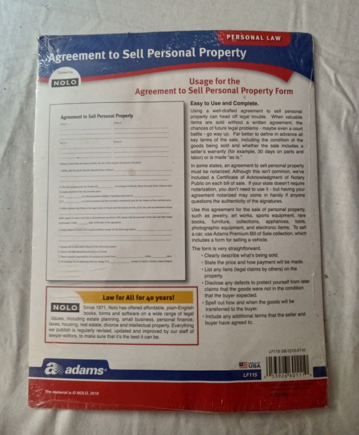 ADAMS PERSONAL LAW AGREEMENT TO SELL PERSONAL PROPERTY LF115-SB/1213-0110