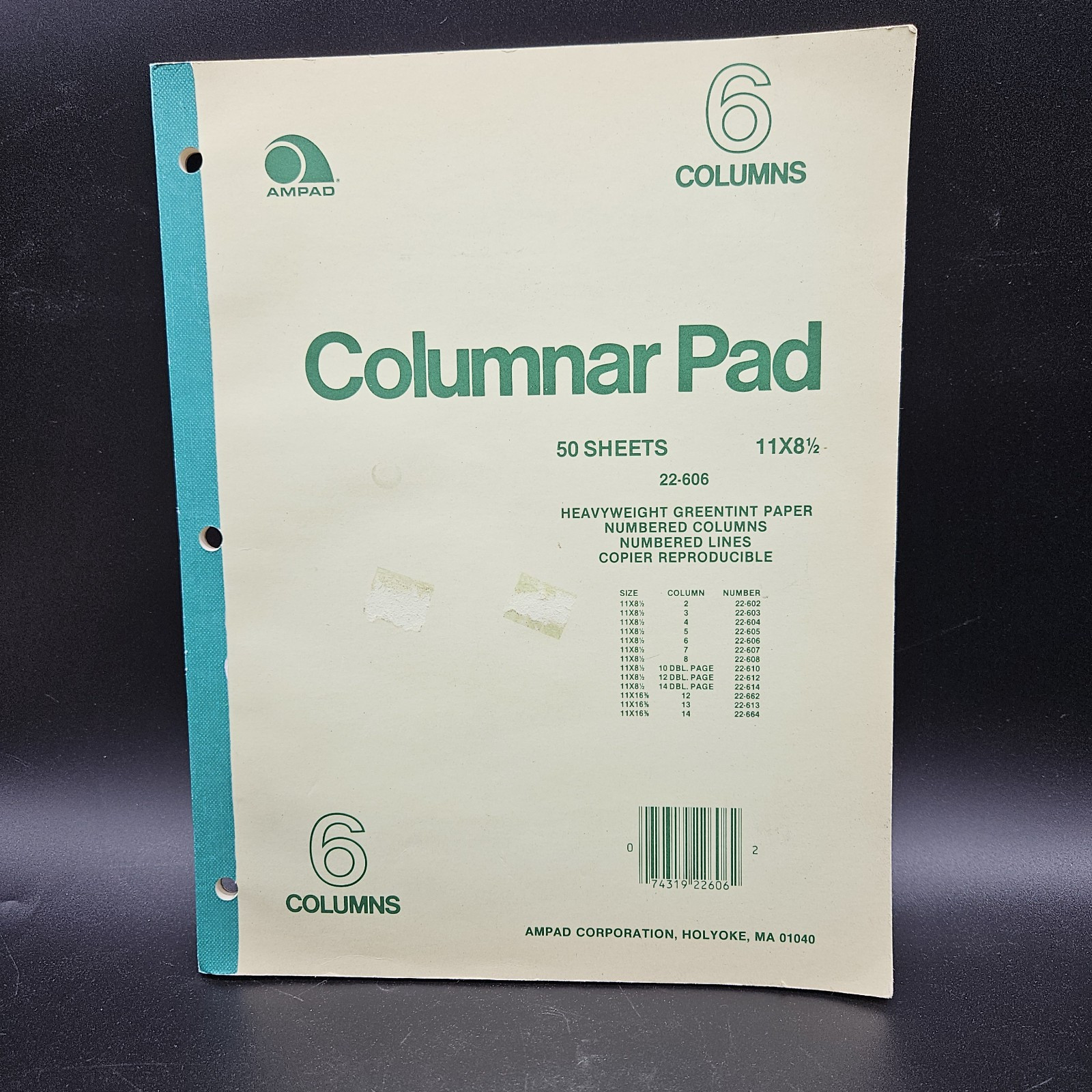 AmPad 6 Column Double Page Columnar Ledger Pad 11 X 8 1/2, Greentint 22-606