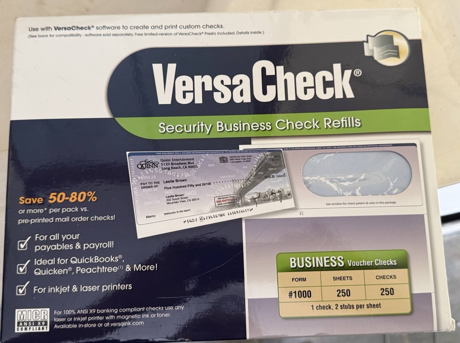 VersaCheck Security Business Check Refills Form #1000, 250 Count