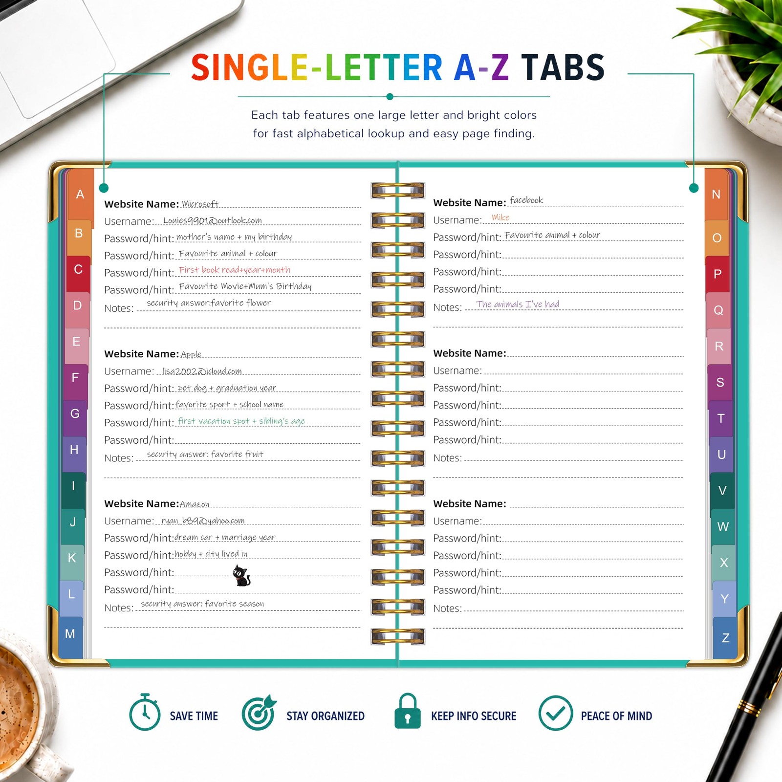 Password Book with Colorful Alphabetical Tabs A5 (5.8″ X 8.2″), Green Purple