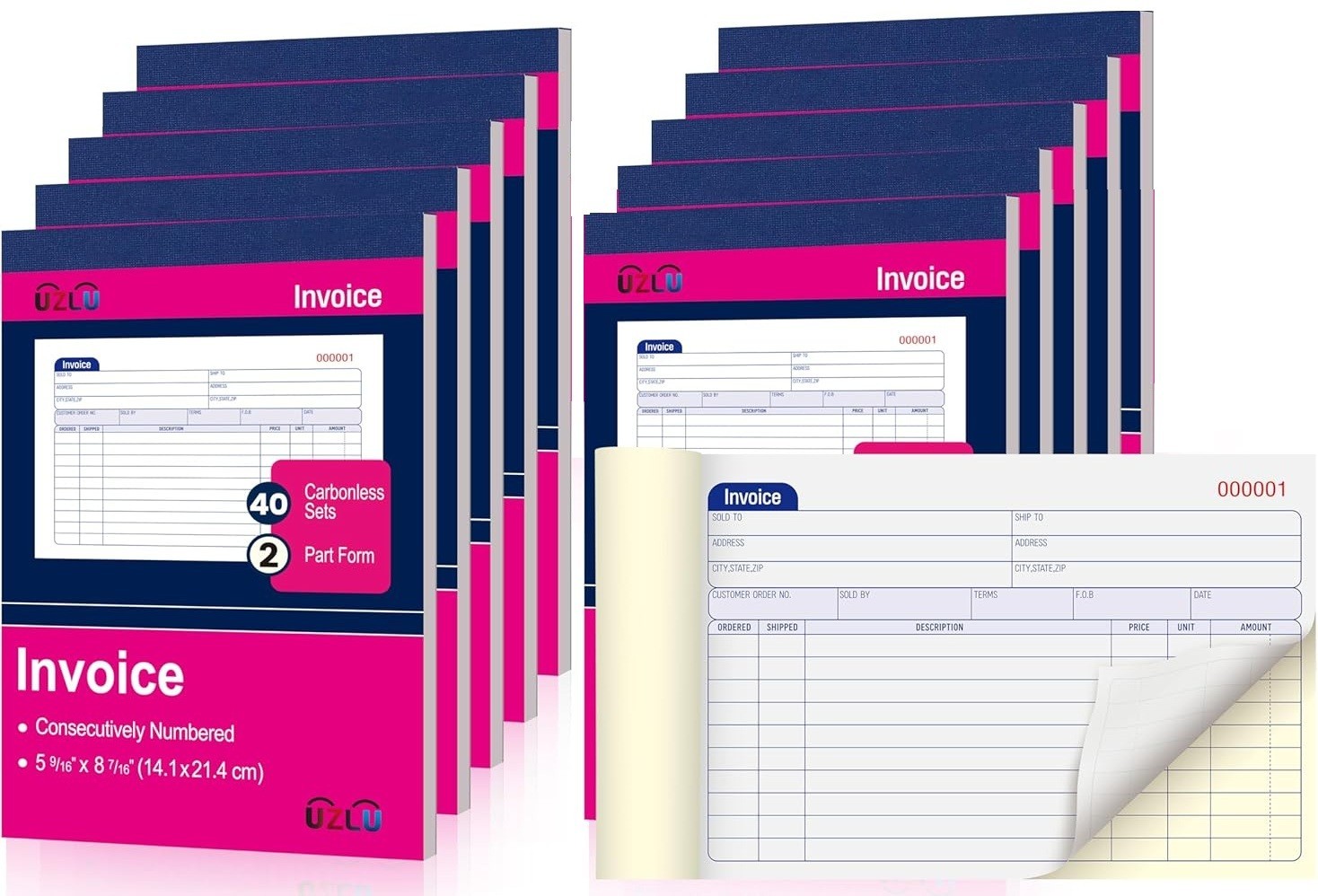 10 Pack – Invoice Books 2 Part Carbonless for Small Business 5-9/16″ x 8-7/16″