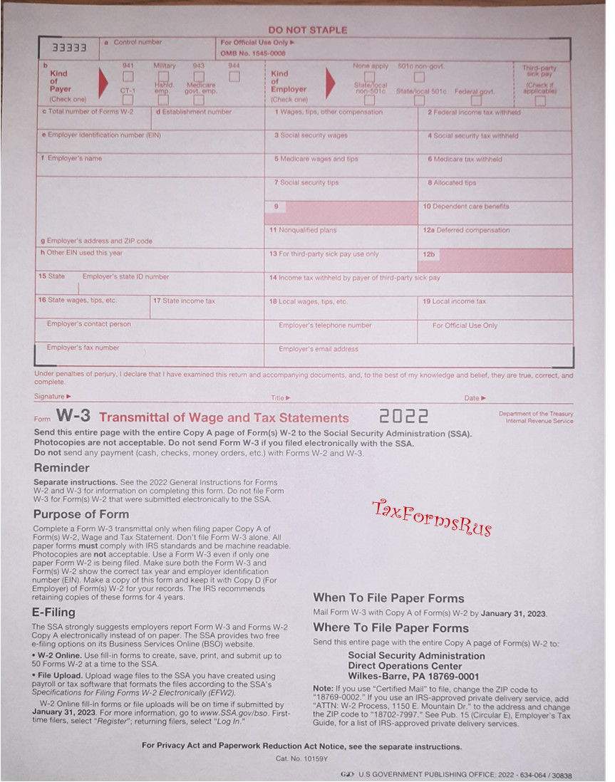 2022 IRS Tax Forms W-2 Wage Stmts 10 employees CARBONLESS 6-pt + (2)W-3 NO Env