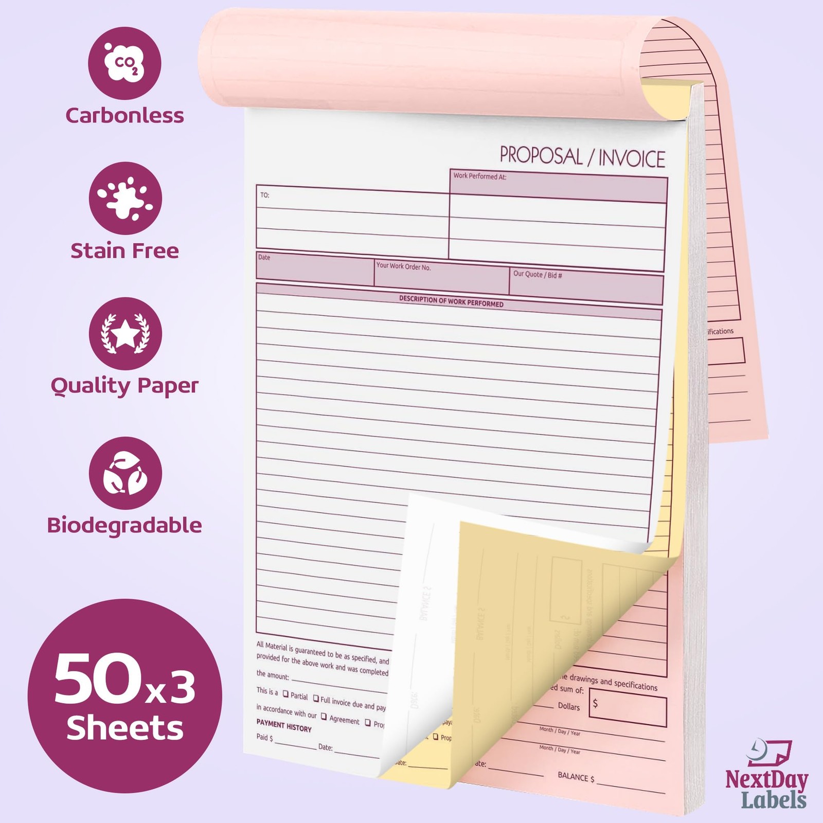 NextDayLabels – Contractor Invoice Book 8.5 x 11 3 Part Carbonless…