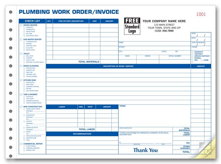 5Forms 6535 Plumbing Work Orders Side Stub 11 x 8 1/2″ QTY 250