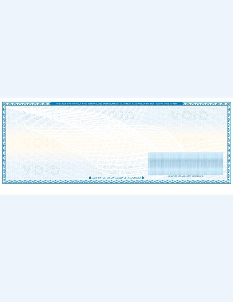 2000 Blank Check paper “High Security” – Check in Middle – Light Blue Art Deco