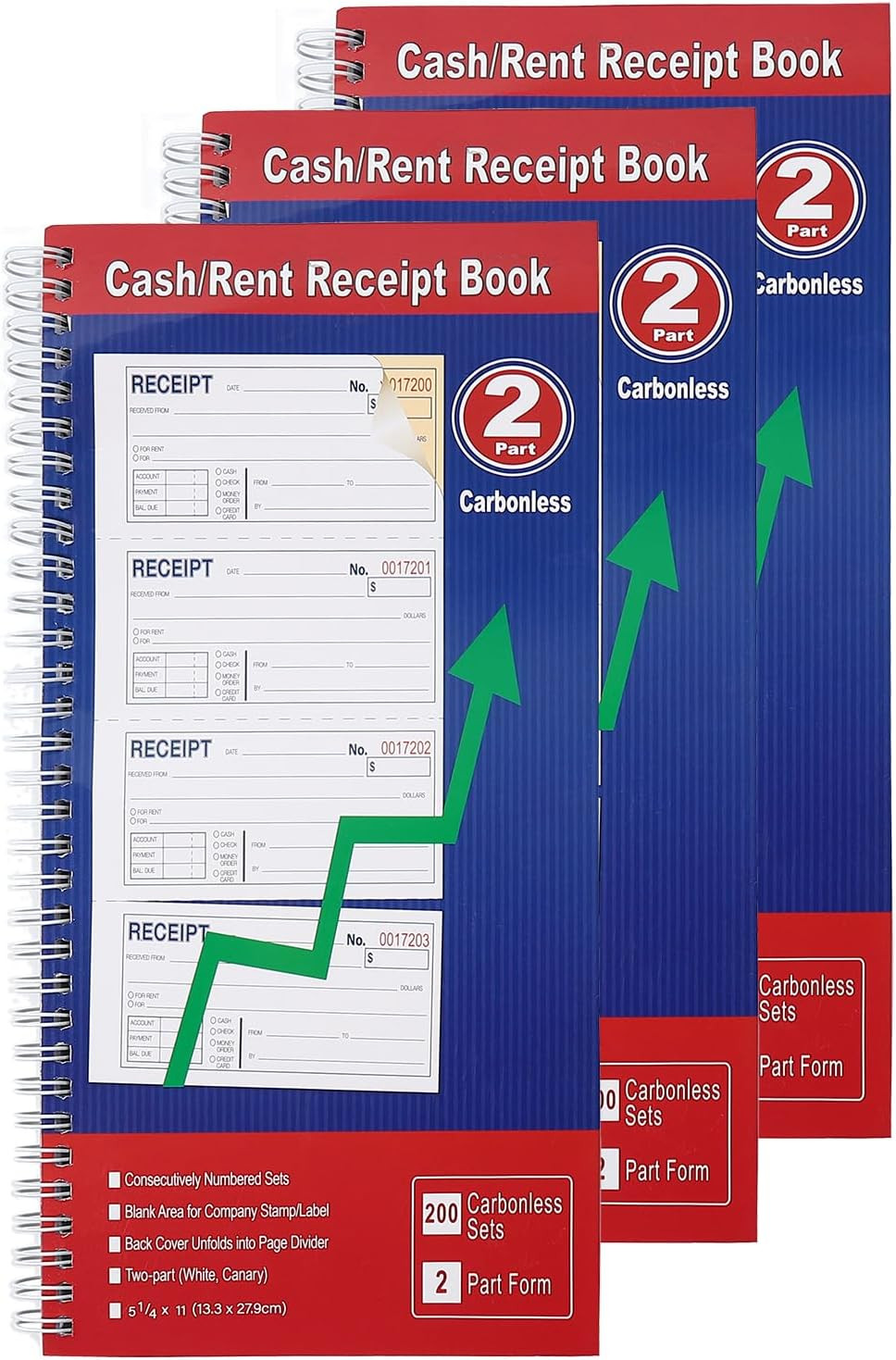 Cash Receipt Book with Duplicate, 200 Sets, 2-Part Carbonless, 5-1/4″ X 11″, Spi