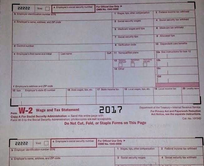 2017: 5 SHEETS W-2 IRS Wage/Tax Statement & 2= W-3 Transmittal Forms