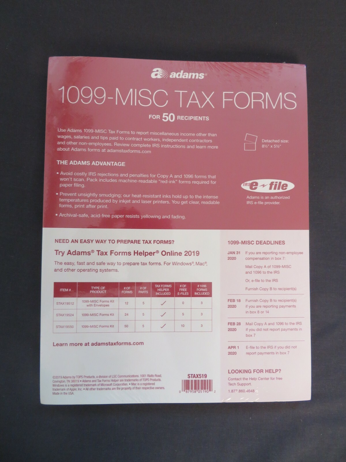 2019 Adams 1099-Misc Tax Forms 50 5-Part Sets, 3 1096 Summary Forms