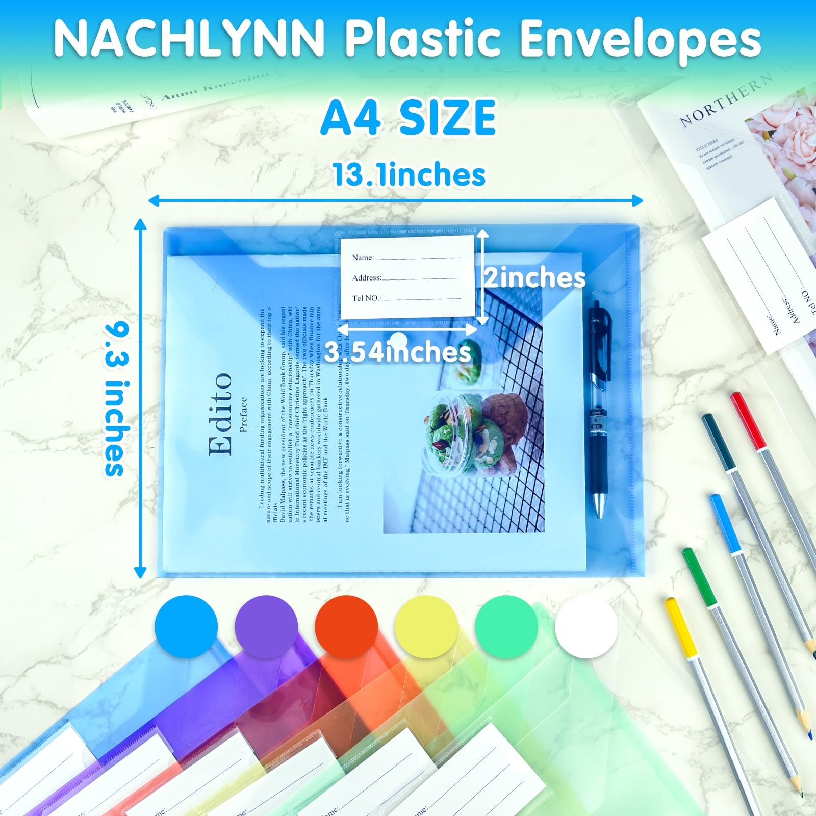 NACHLYNN 18 Pack Plastic Envelopes Folders with 18 pcs, Multicolor