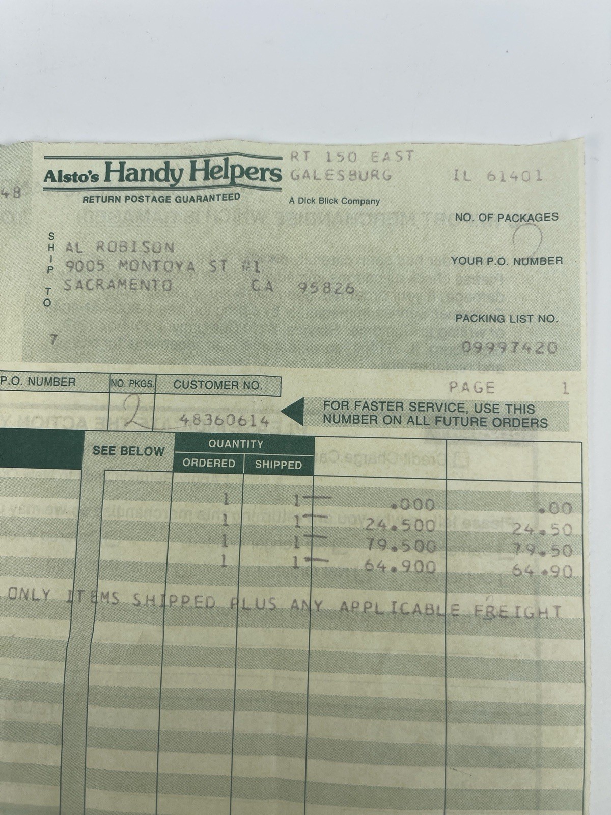 Vintage 1992 Alsto’s Handy Helpers Receipt Paper Manifest Work Order