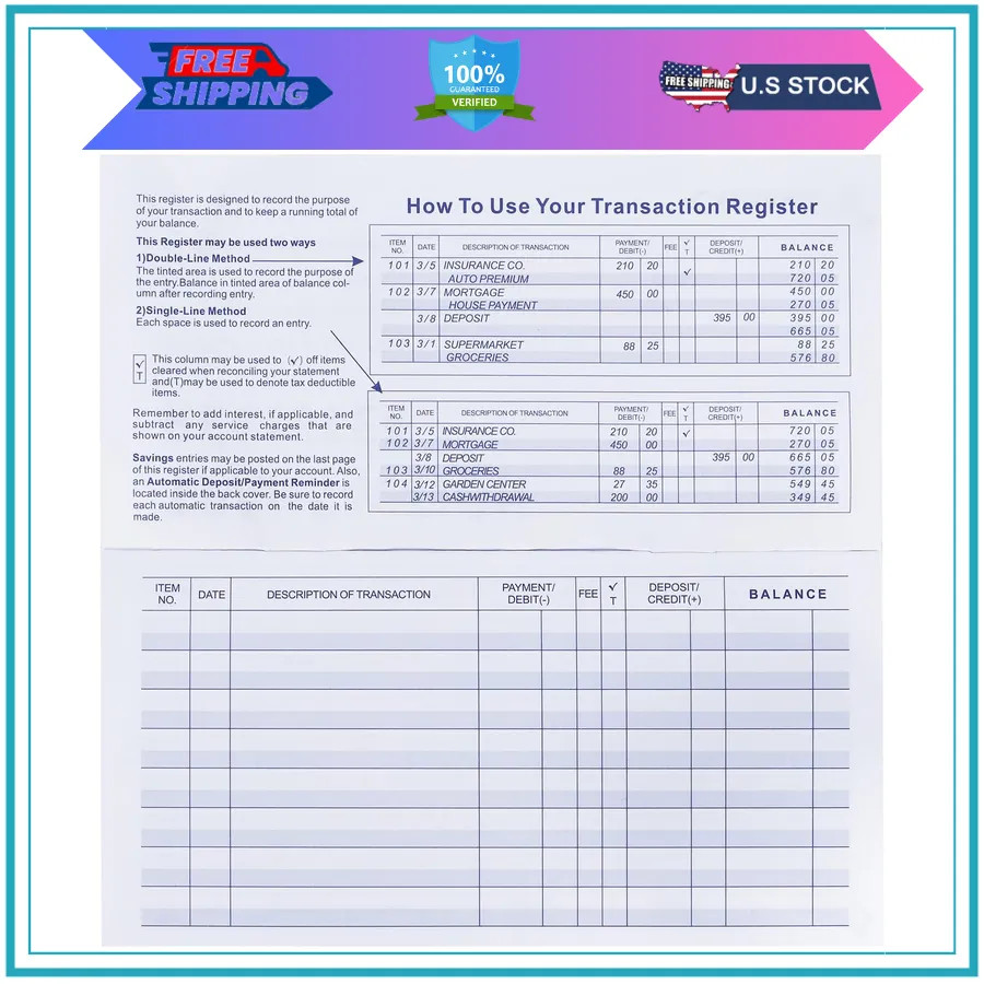20 Pack Checkbook Registers Personal and Business Bank Transaction Ledger Books