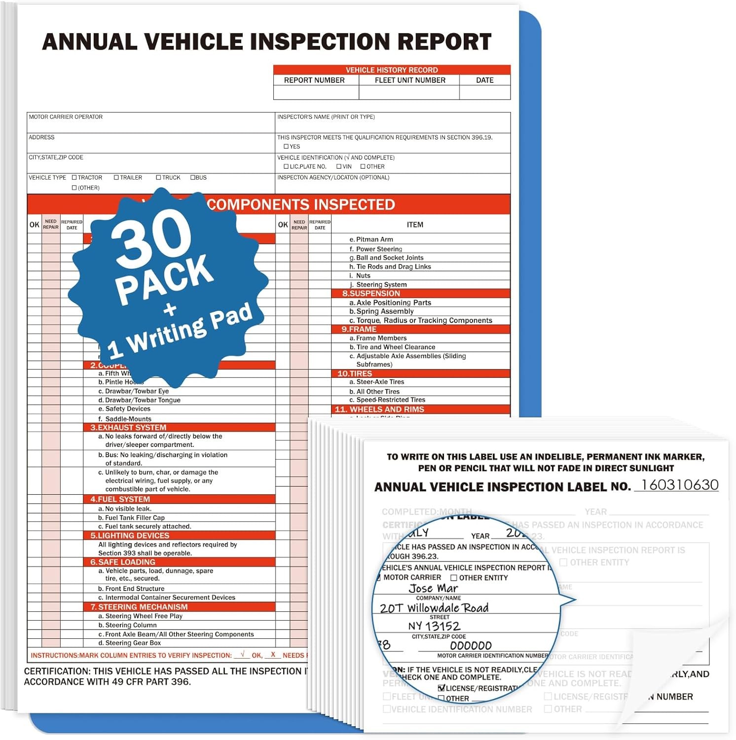 PUNCHMAN 30Pack DOT Annual Vehicle Inspection Form and Label