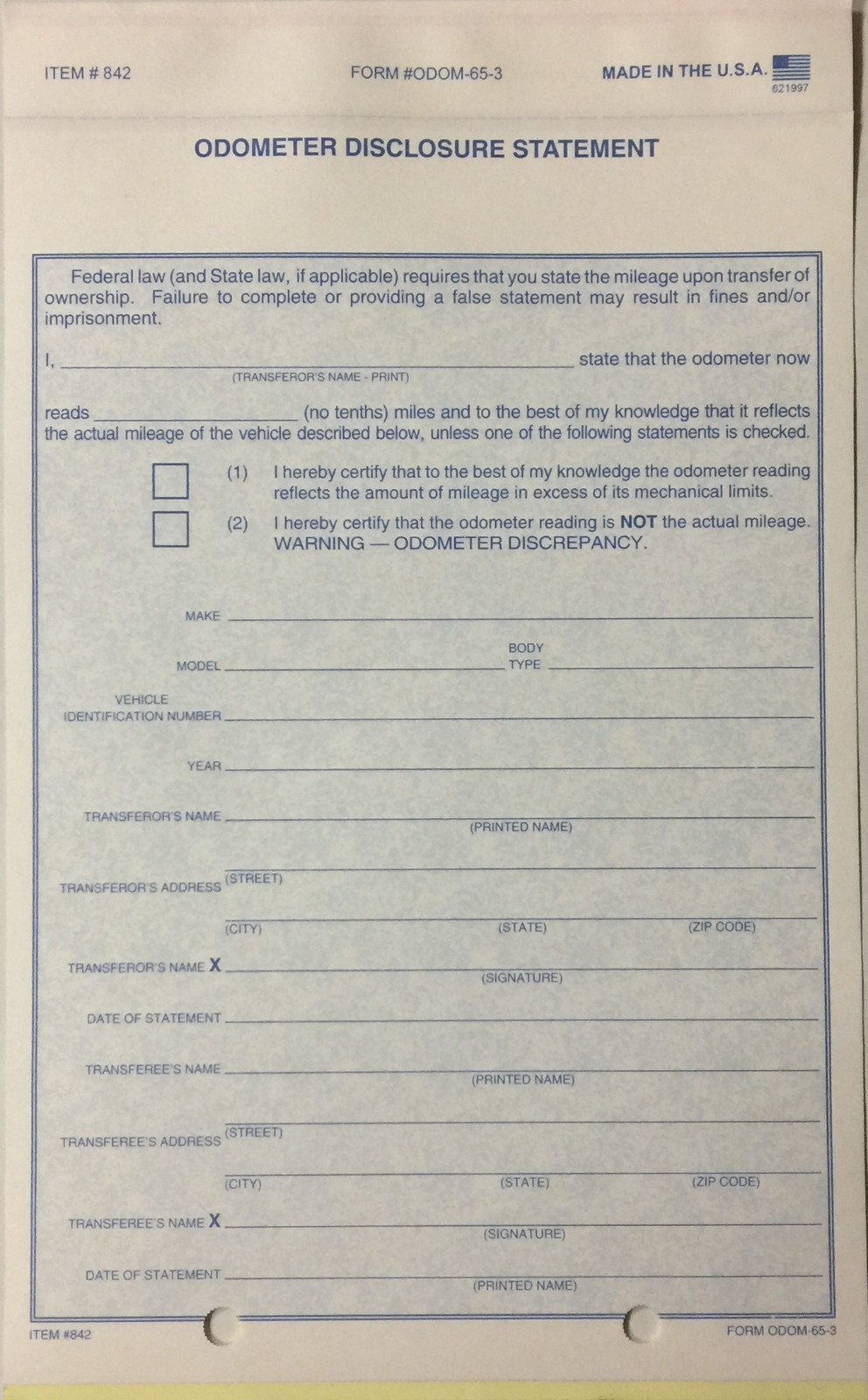 Odometer Disclosure Statement • 3 Part • #842 • 250 Qty.• (D42)