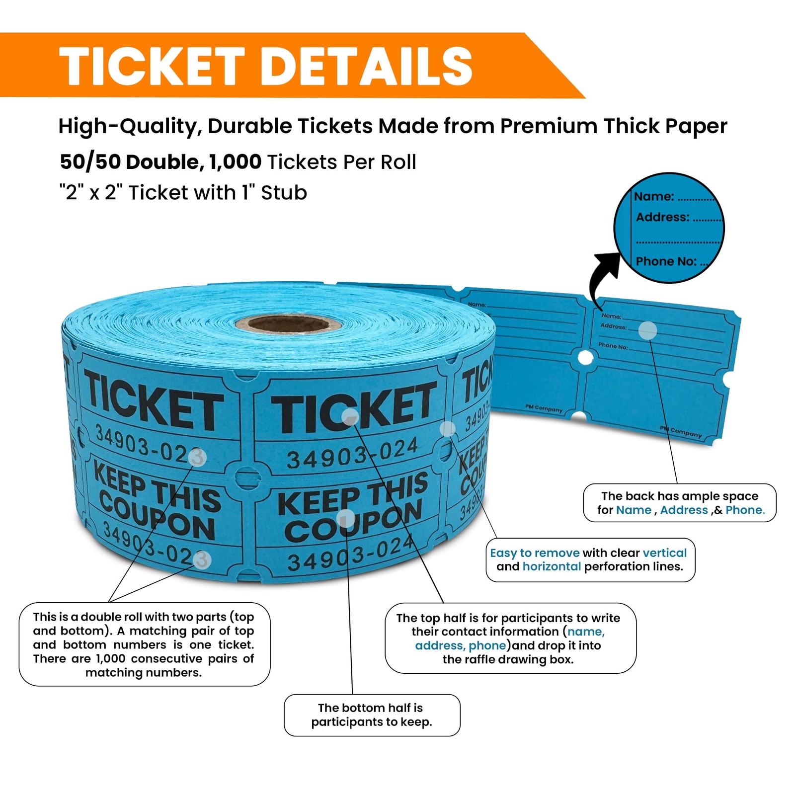 PM Company 2000 Pcs (1000 Pairs) Raffle Tickets Double Roll, 2″x2″, Blue