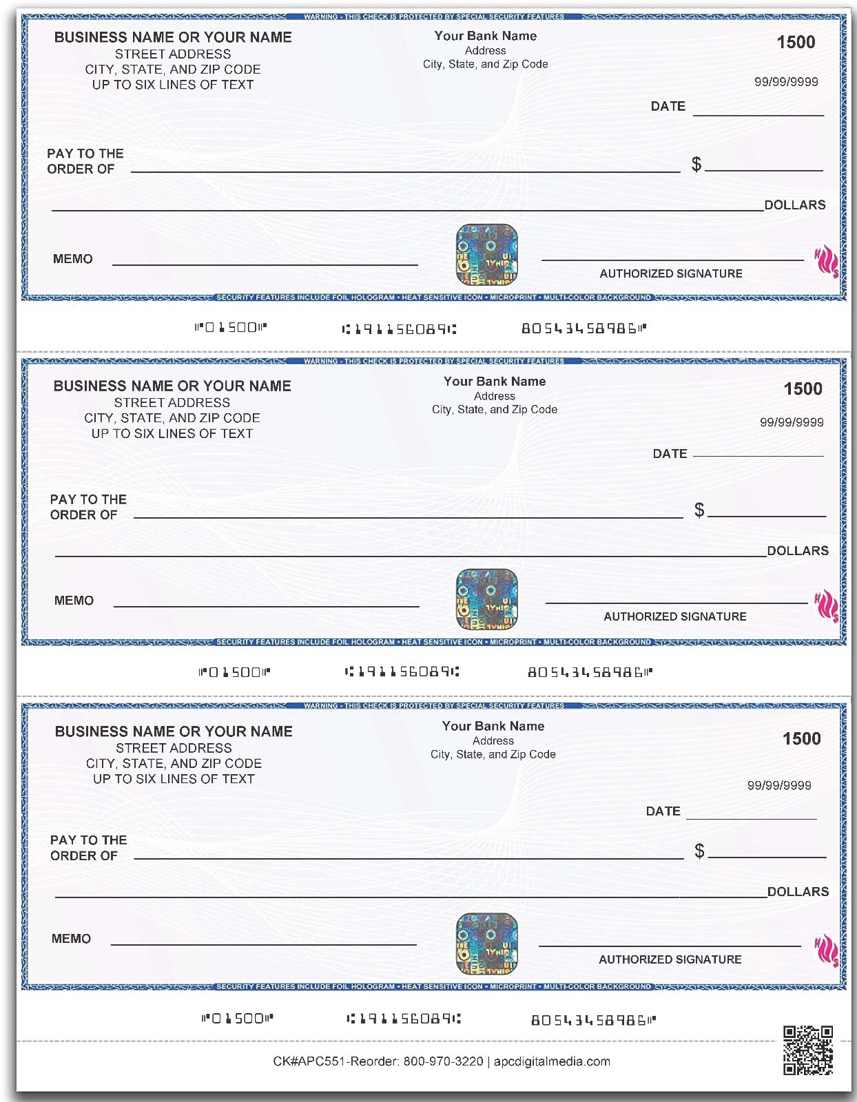 Custom Printed 3 Checks Per Page Hologram High Security Checks