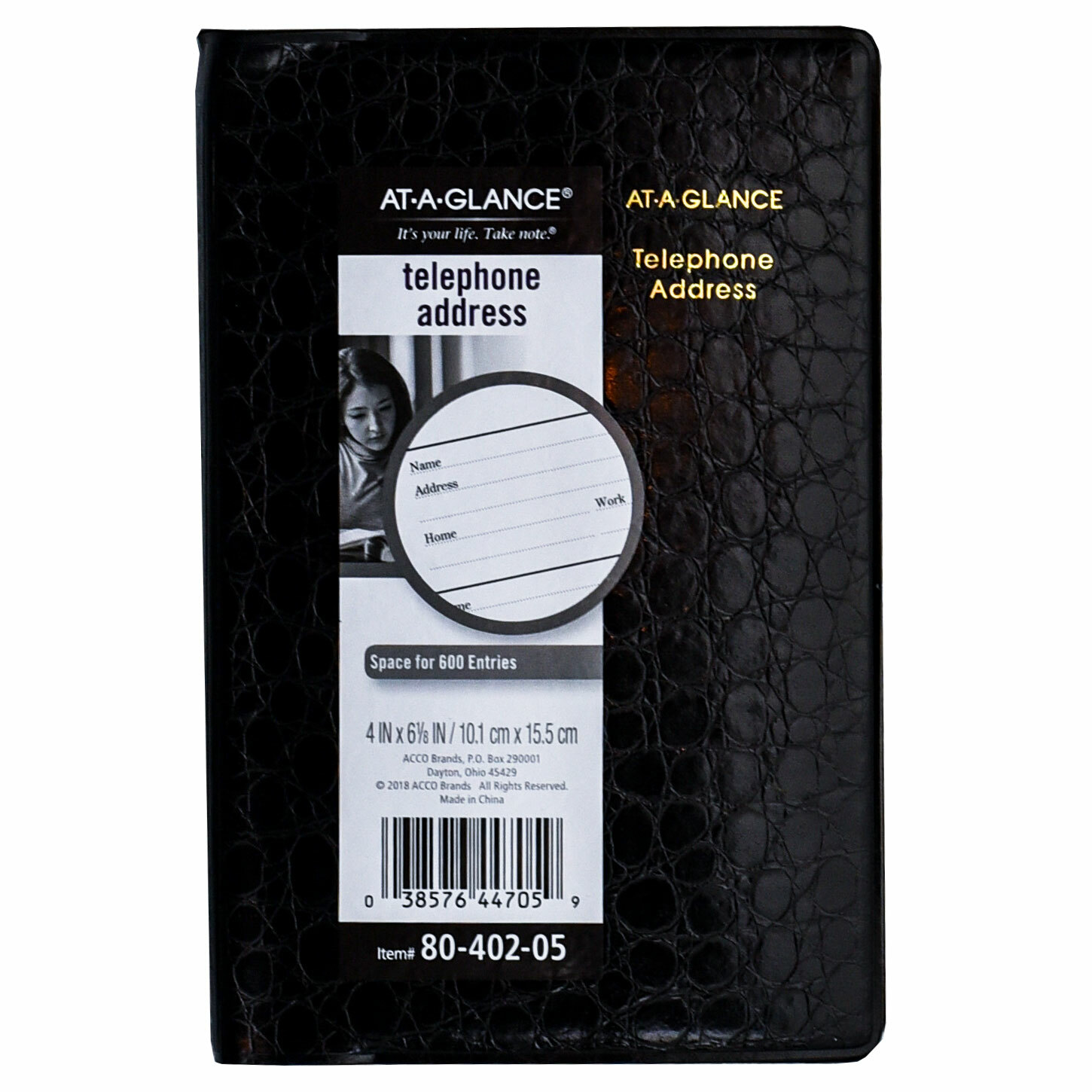 At-A-Glance 80-402 Telephone Address Book 4 x 6-1/8″, Black Faux Crocodile Cover