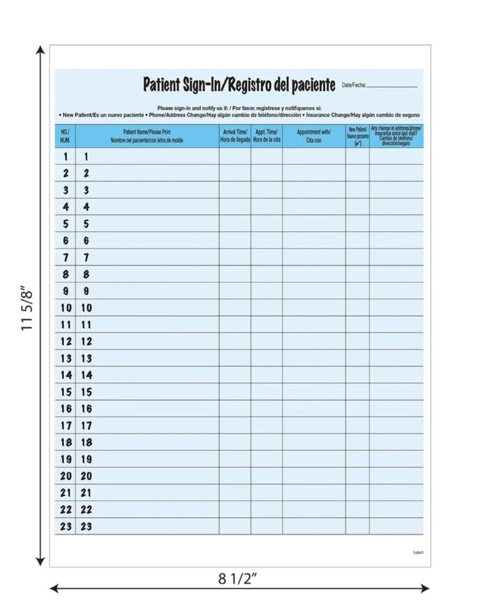 Tabbies Bilingual Patient Sign-In Forms Blue 125 Pack 8.5”x 11.625”