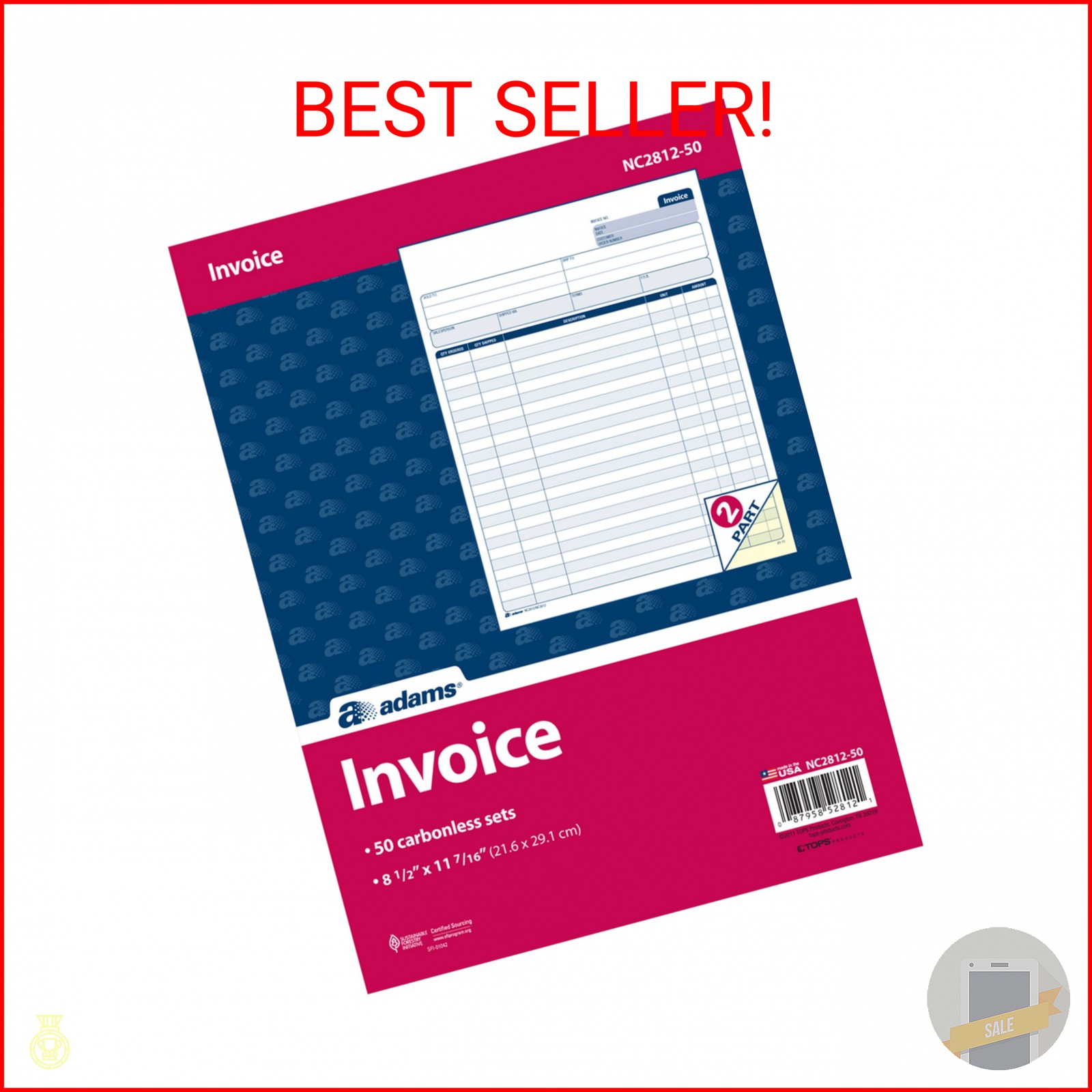 Adams Invoice Sets, 2-Part Carbonless, 8-1/2″ x 11-7/16″, 50 Sets per Pack (NC28