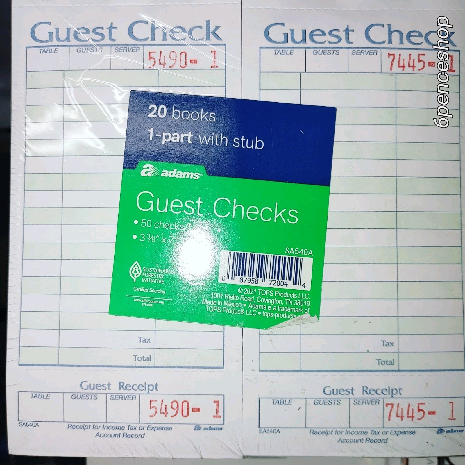 1000 total 20 Books Adams 1 Part Guest Check w Stub 50 check/book SA540A Receipt