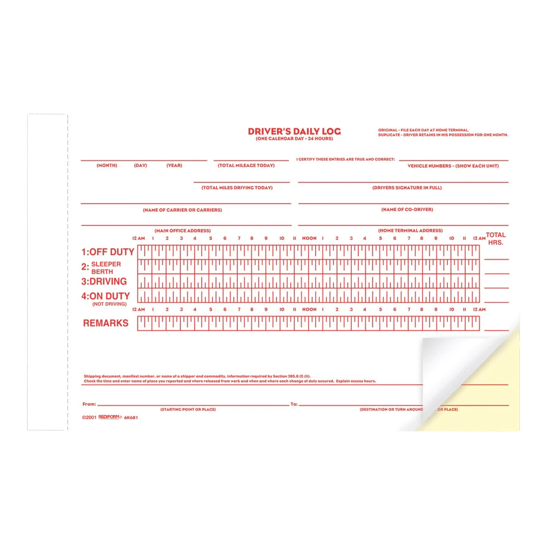 Rediform Driver’s Daily Logbook 2-Part 31 Sets 2 Carbon Parts 5-1/2″x7-7/8″