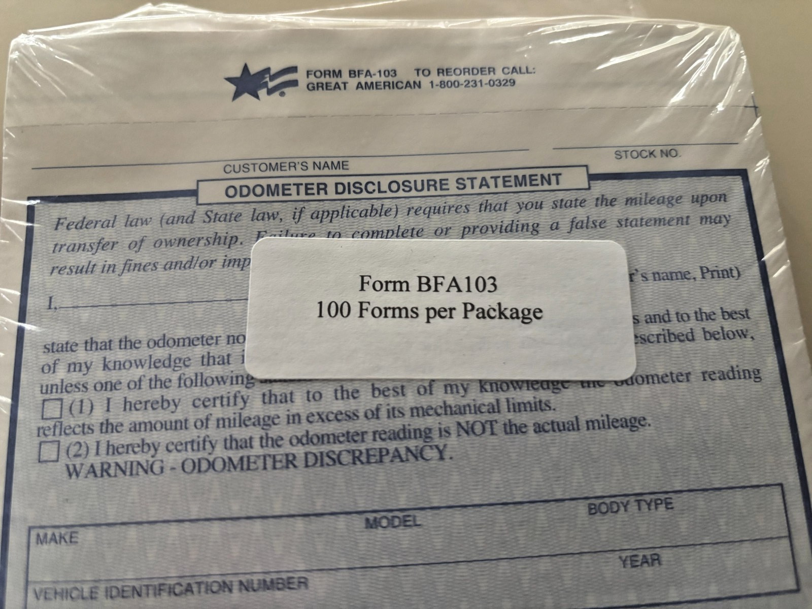 Odometer Disclosure Statement Great American BFA-103 Form 200+ Forms 1 Low Price