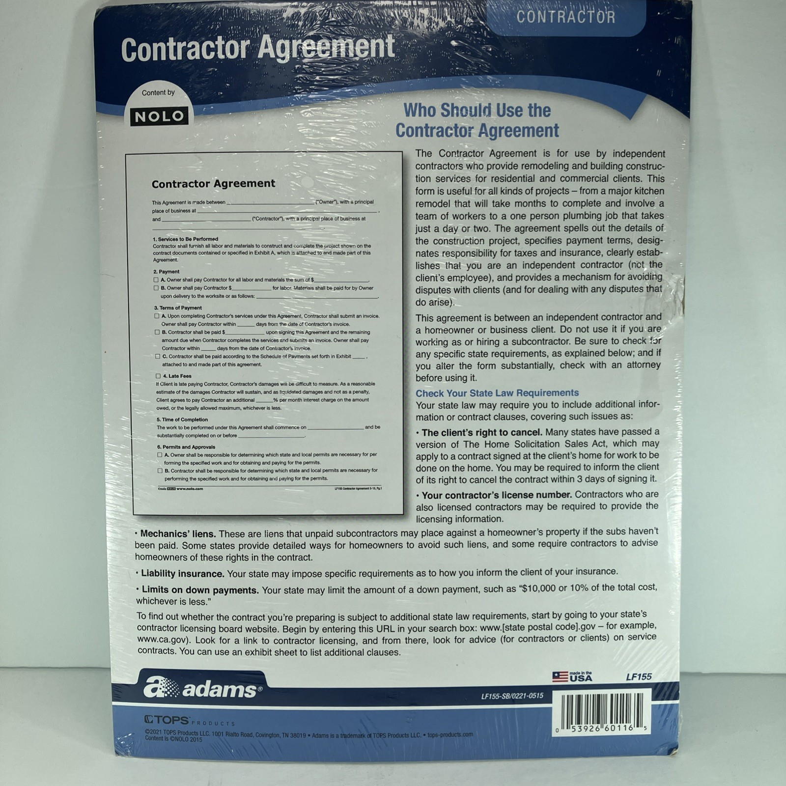 Adams Employee Contractor Agreement Content by Nolo LF155 – SB / 0221- 0515